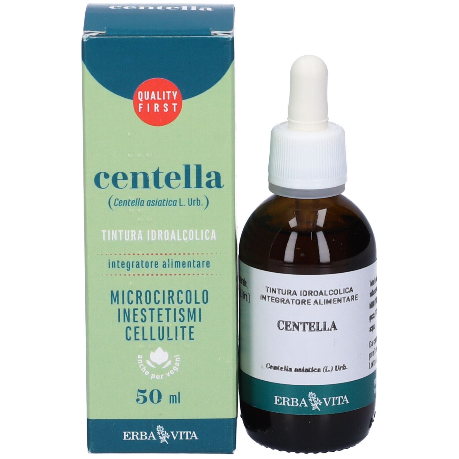 Prodotto Centella e confezione. Flacone con contagocce e scatola. Scritta: 50 ml, Erba Vita.