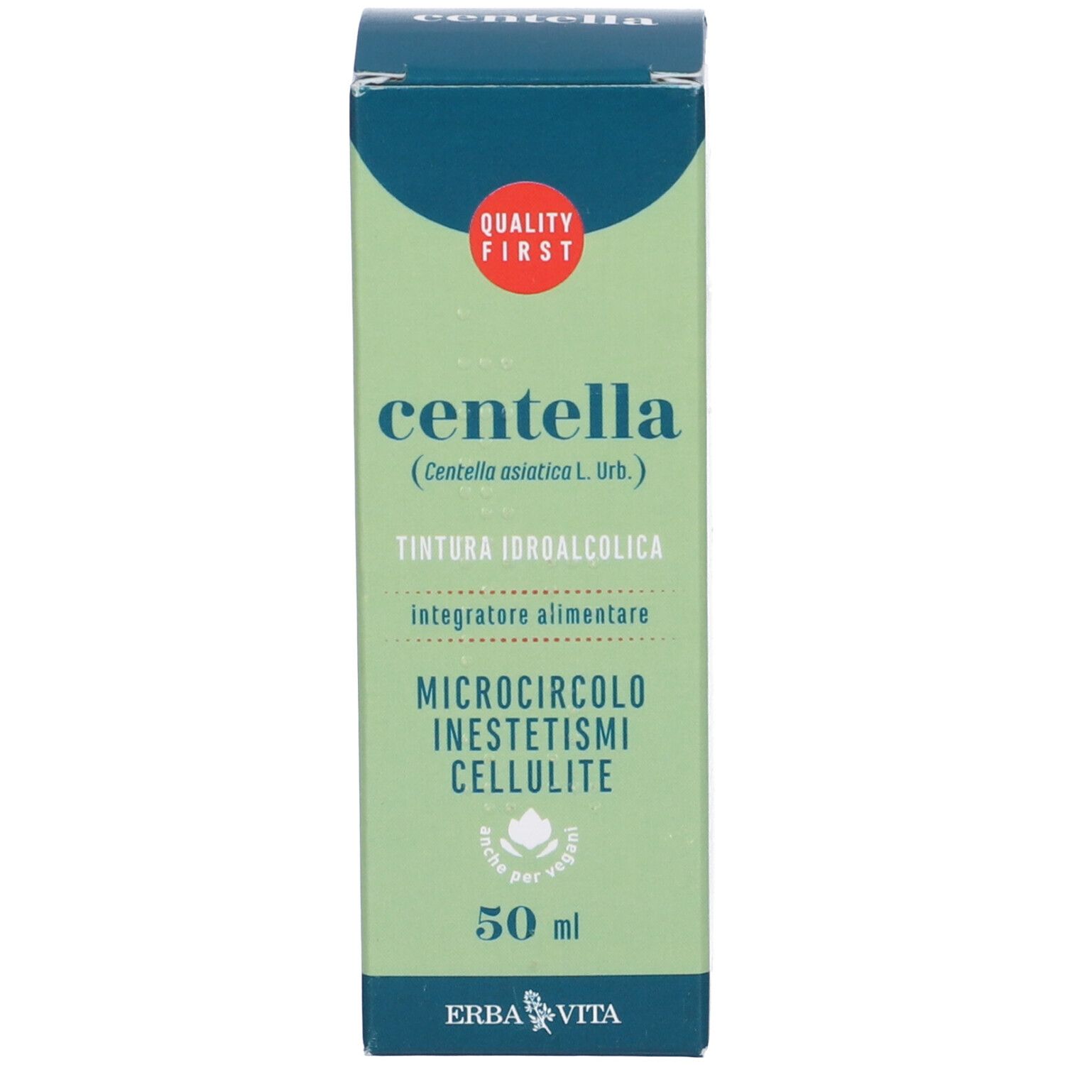Prodotto Centella in scatola. Scritta: 50 ml, Erba Vita. Confezione verde e bianca.