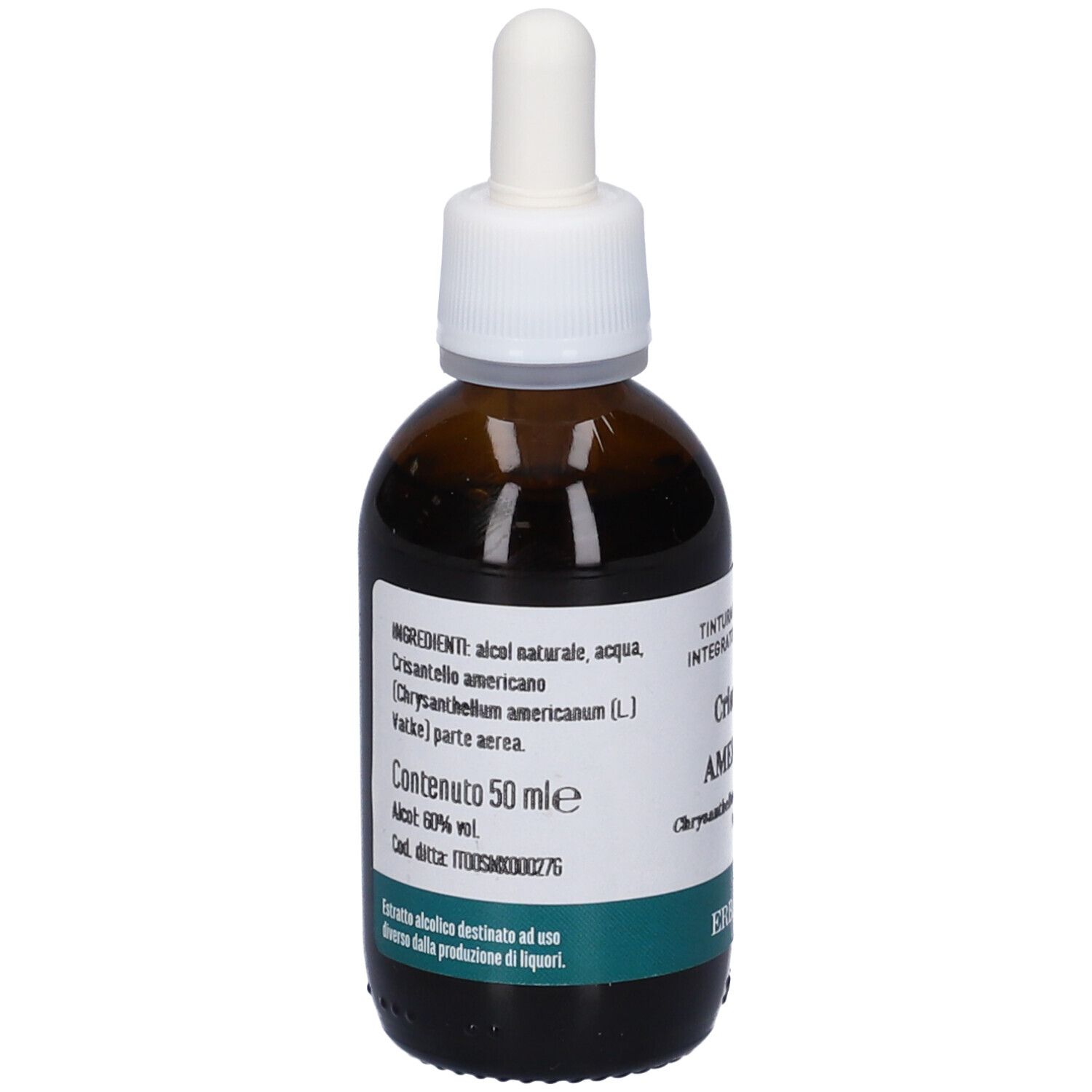 Flacone di vetro marrone con contagocce bianco. Etichetta con ingredienti, testo: Crisantello Americano, Erba Vita. Etichetta verde.