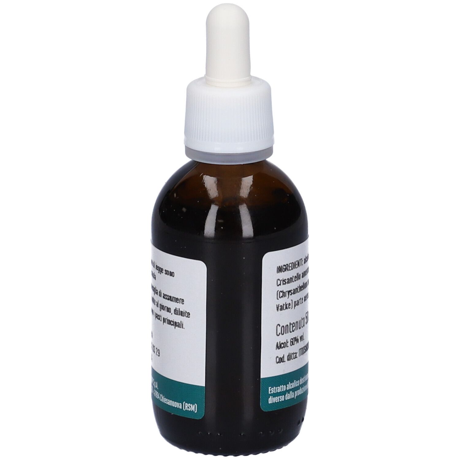 Flacone di vetro marrone con contagocce bianco. Etichetta con testo e ingredienti. Etichetta verde in basso. Erba Vita.