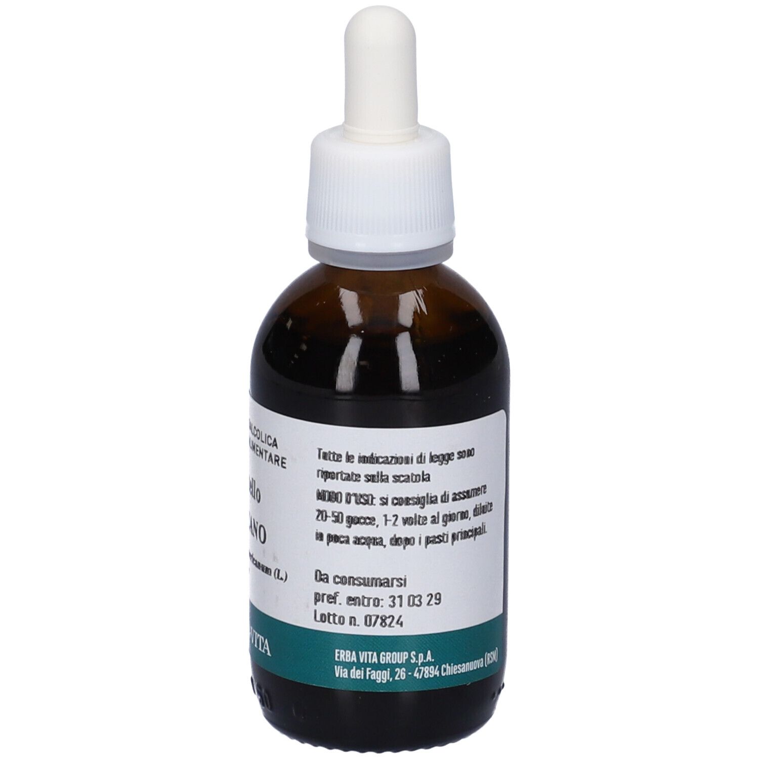 Flacone di vetro marrone con contagocce bianco. Etichetta con testo e istruzioni per l'uso. Etichetta verde in basso. Erba Vita.