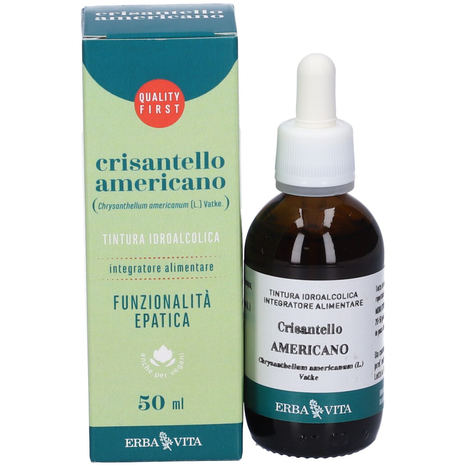 Confezione e flacone del prodotto. Scatola verde con testo: Crisantello Americano, 50 ml. Flacone marrone con contagocce.