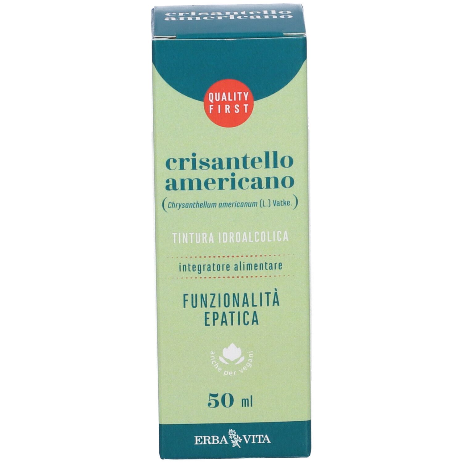 Confezione verde del prodotto. Testo: Crisantello Americano, 50 ml. Marchio di qualità. Erba Vita.