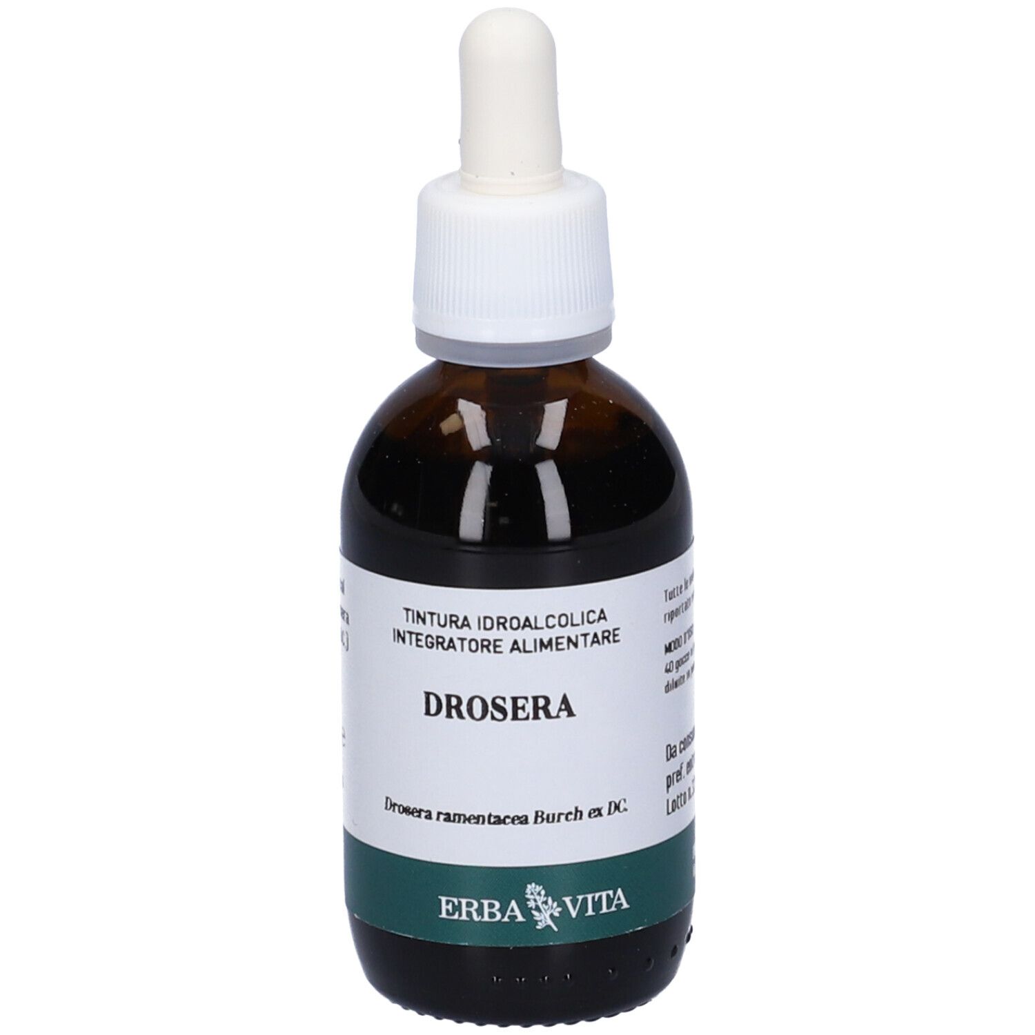Flacone di vetro marrone con pipetta. Scritta: Drosera, Erba Vita. Etichetta verde. Liquido visibile.