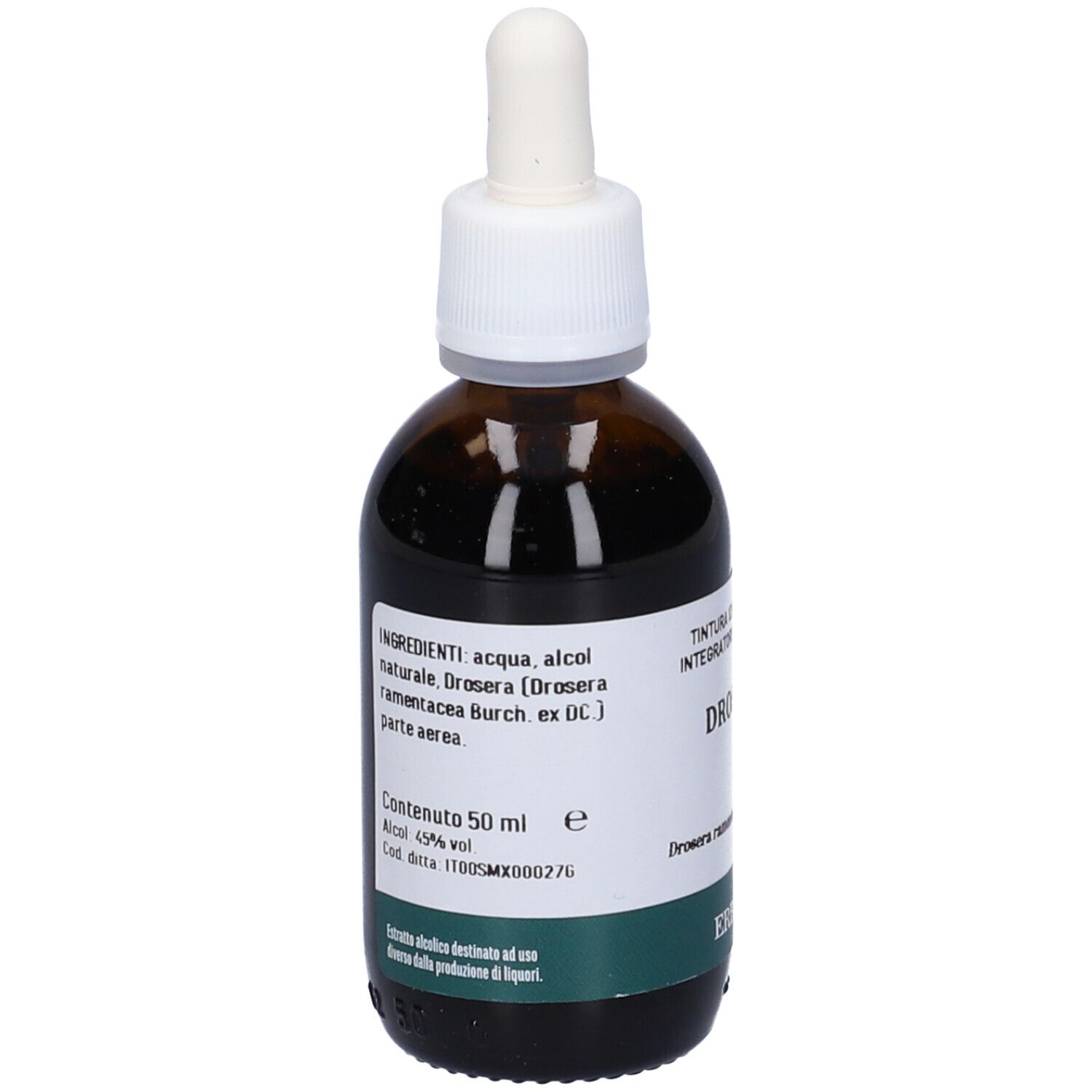 Flacone di vetro marrone con pipetta. Scritta: Drosera, Erba Vita. Etichetta con ingredienti e volume.