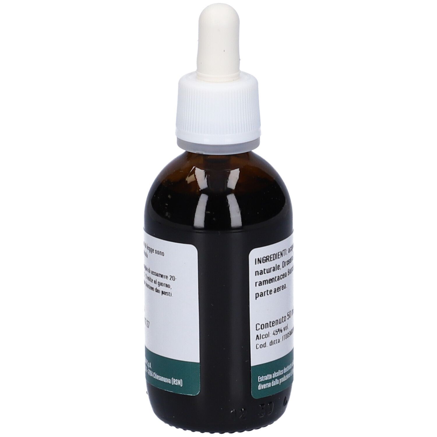Flacone di vetro marrone con pipetta. Scritta: Drosera, Erba Vita. Etichetta con ingredienti e volume.