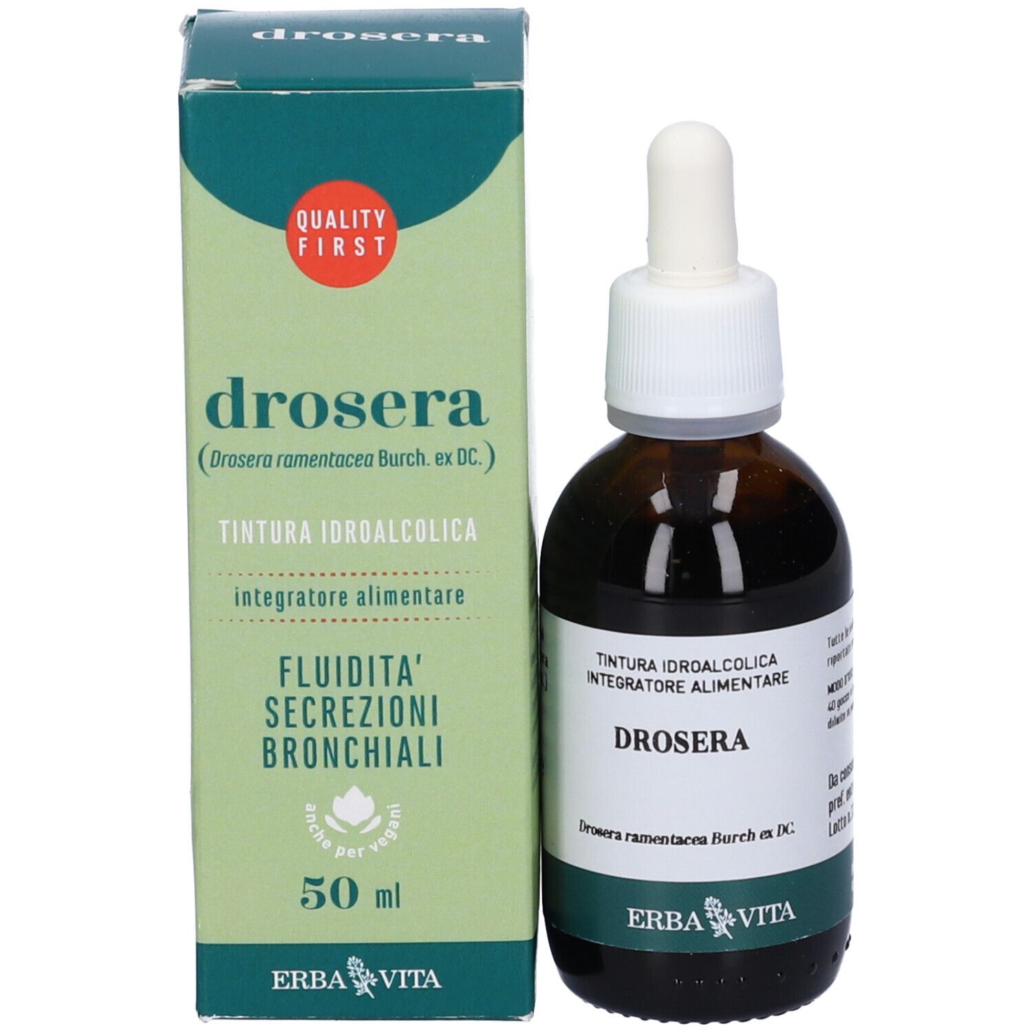 Prodotto Drosera con flacone e scatola. Scritta: Drosera, 50 ml, Erba Vita. Confezione verde e bianca.