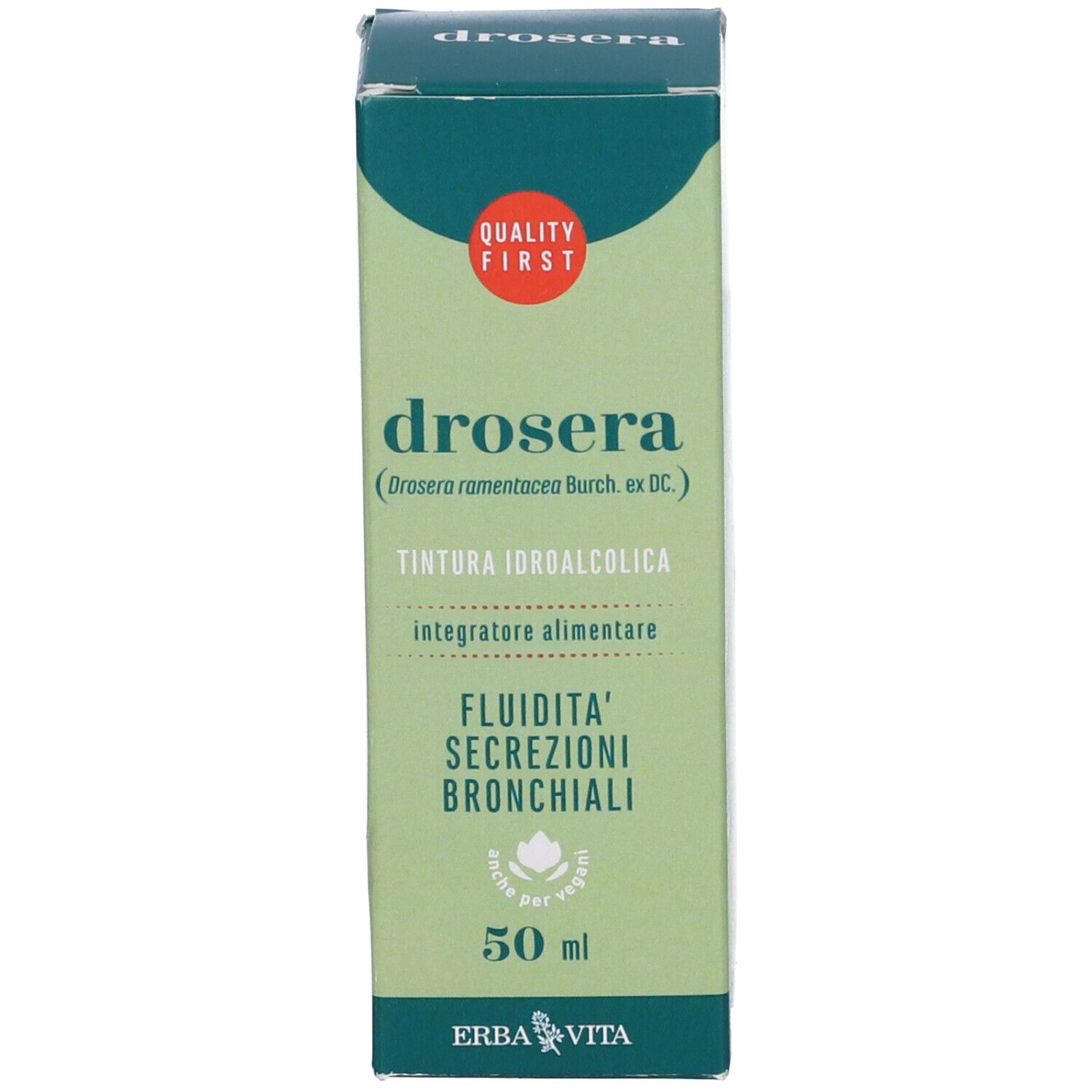 Prodotto Drosera in scatola. Scritta: Drosera, 50 ml, Erba Vita. Confezione verde e bianca.