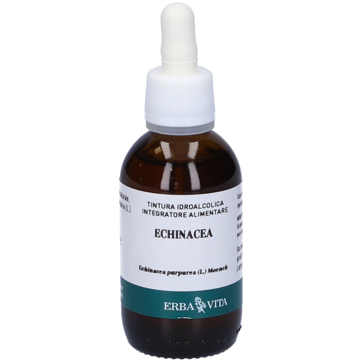 Flacone di vetro marrone con tappo e pipetta bianchi. Etichetta con nome prodotto Echinacea e marchio Erba Vita.