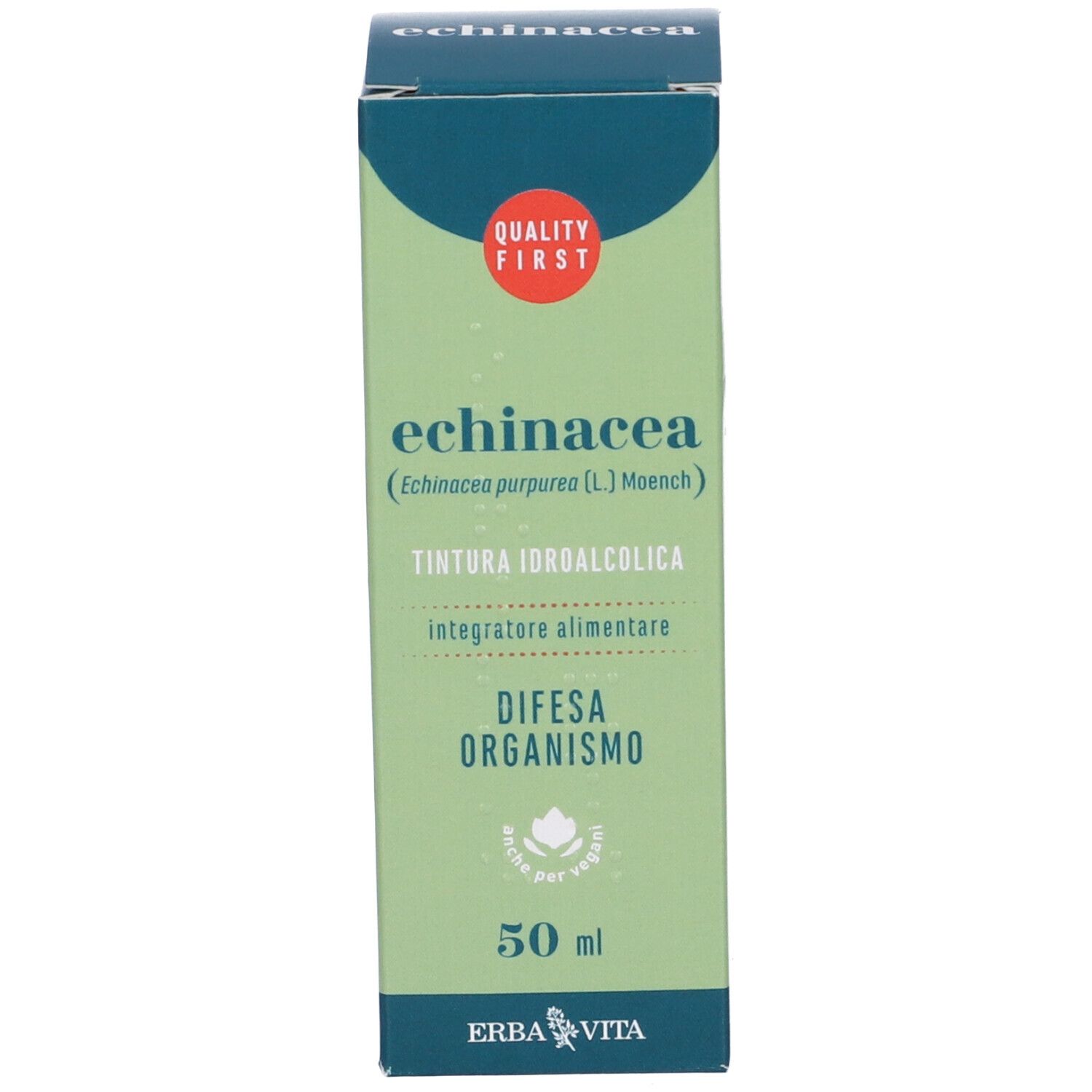 Confezione verde con informazioni sul prodotto. Testo: Echinacea, Erba Vita. Contiene 50 ml.