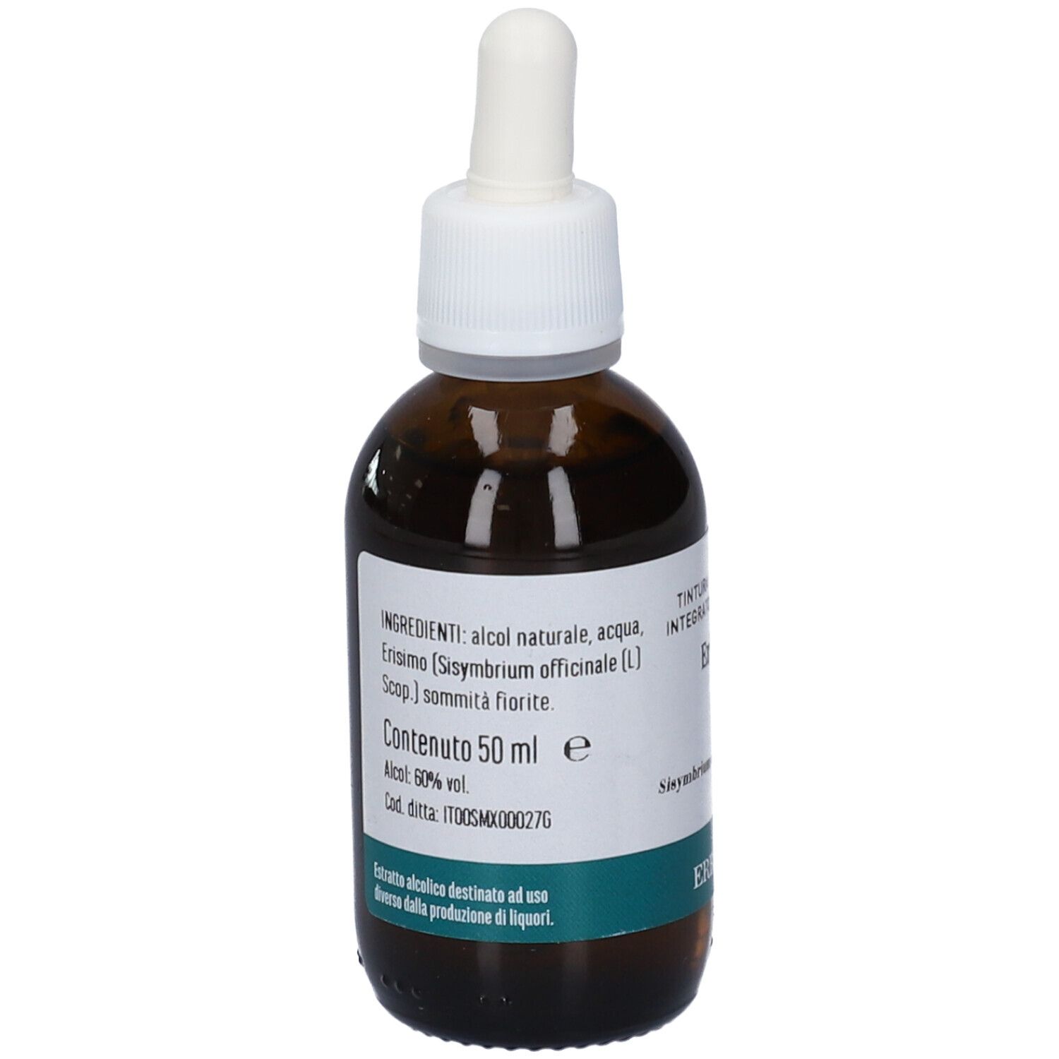 Flacone di vetro marrone con tappo bianco e contagocce. Etichetta con ingredienti e altre informazioni.