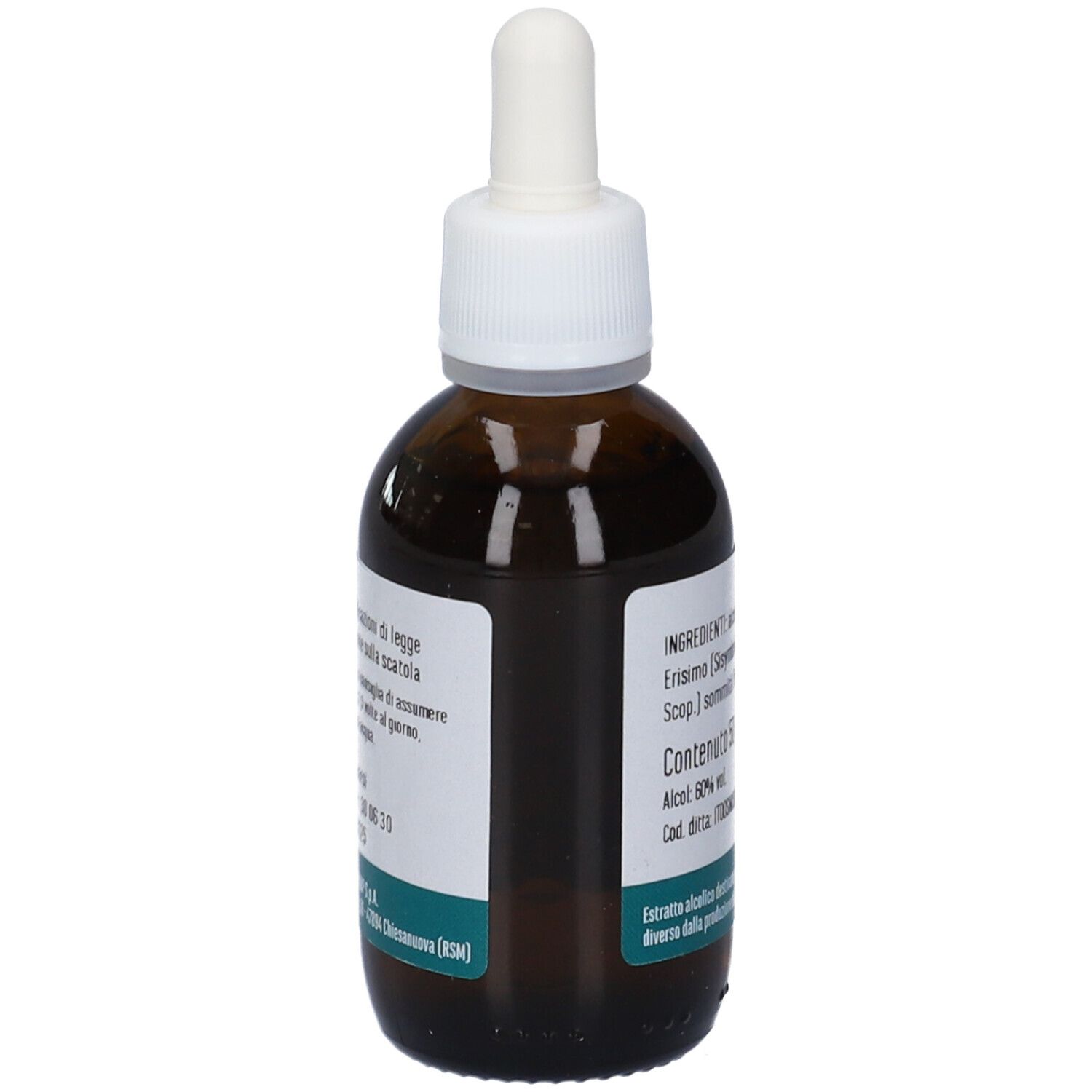 Flacone di vetro marrone con tappo bianco e contagocce. Vista laterale con etichetta e testo.