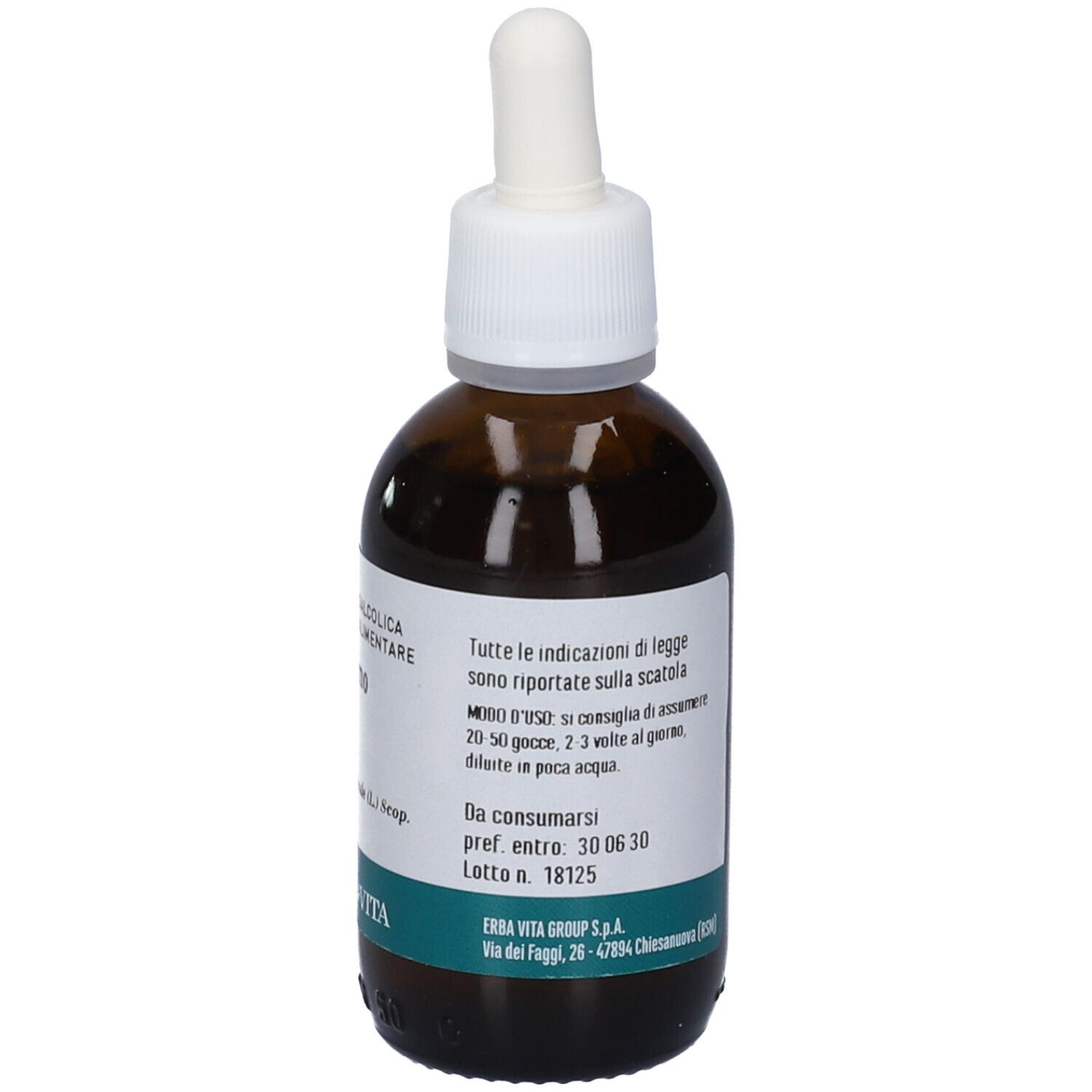 Flacone di vetro marrone con tappo bianco e contagocce. Etichetta con istruzioni e logo.