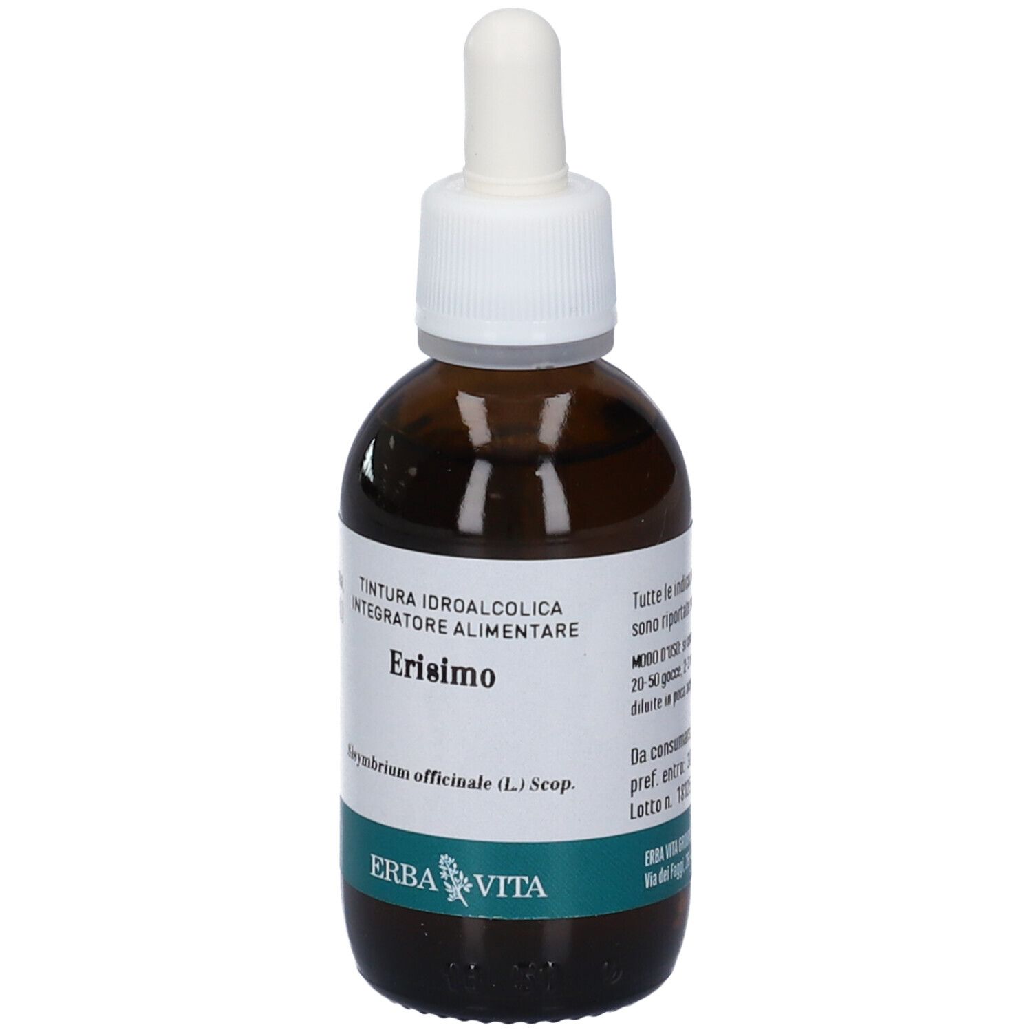 Flacone di vetro marrone con tappo bianco e contagocce. Etichetta con nome del prodotto e logo.