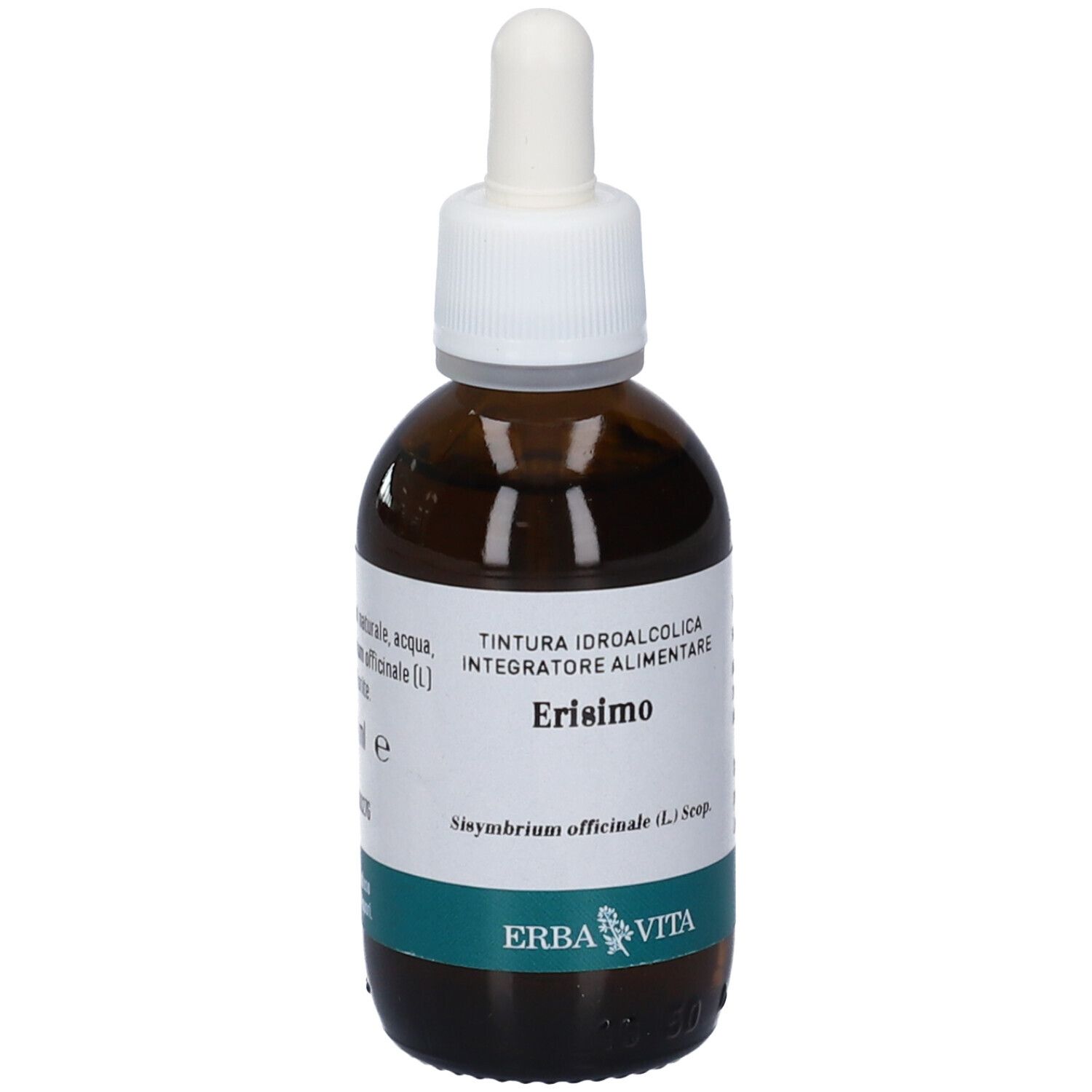 Flacone di vetro marrone con tappo bianco e contagocce. Etichetta con nome del prodotto e logo.