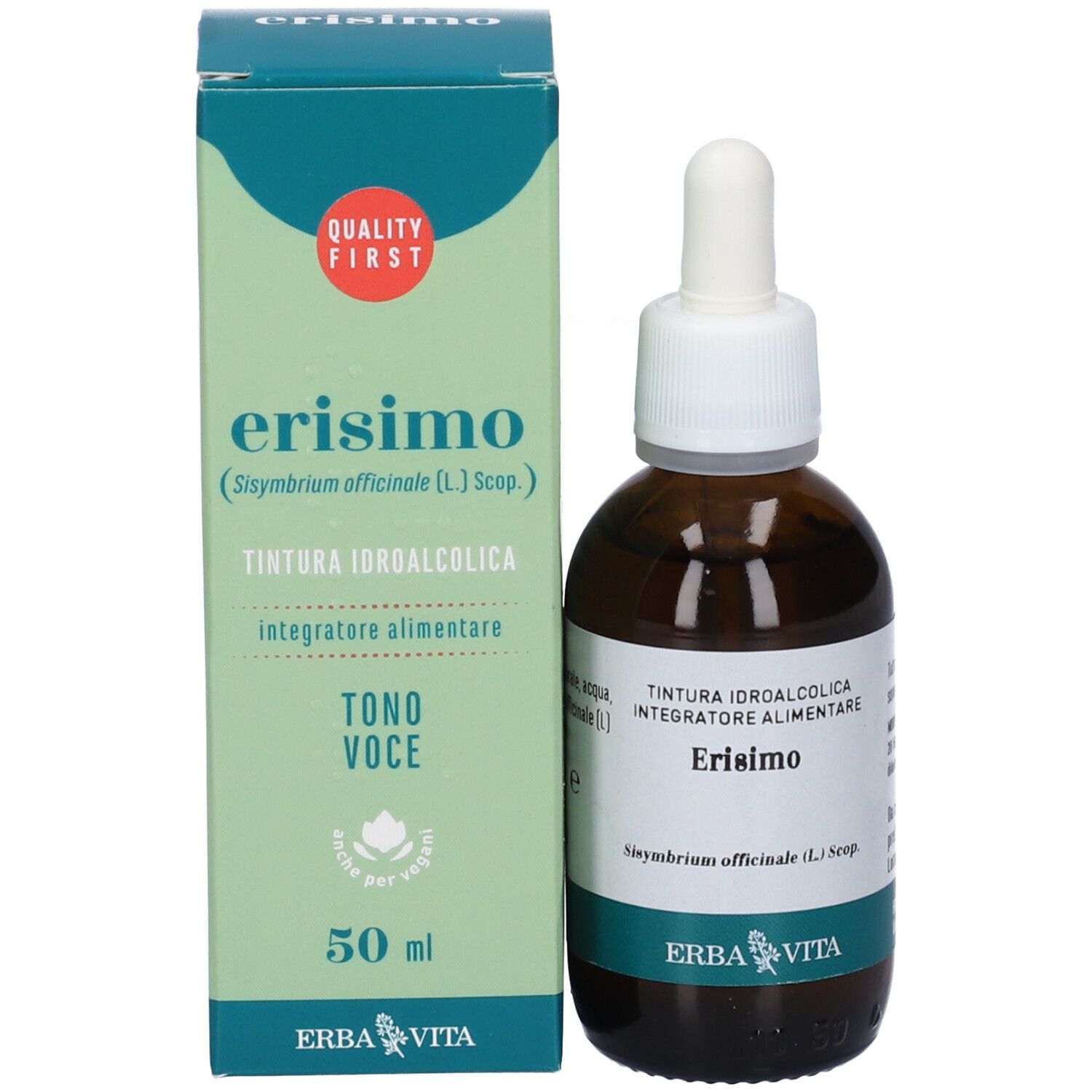 Flacone del prodotto accanto alla confezione. Confezione con nome, logo e testo.