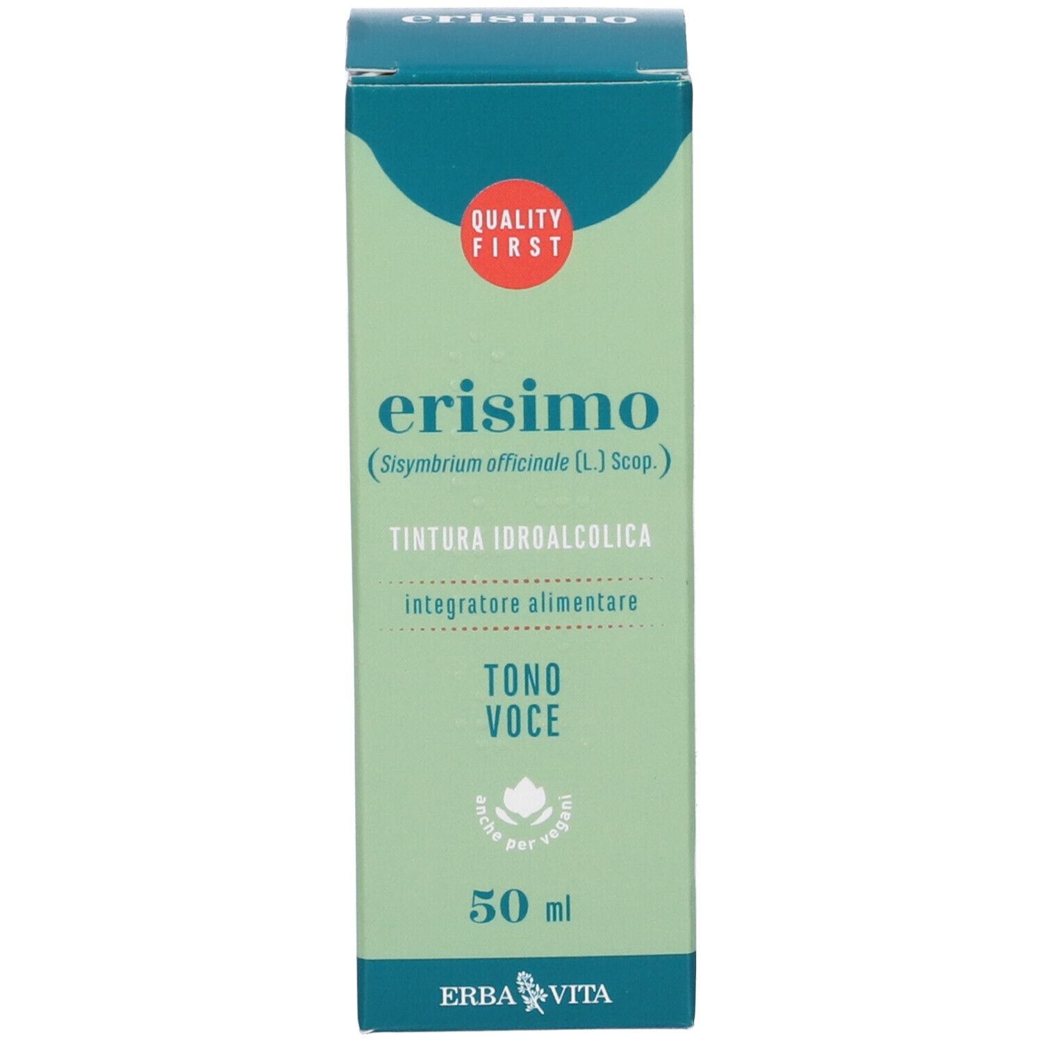 Confezione con nome del prodotto, logo e testo. Colori verde e bianco.