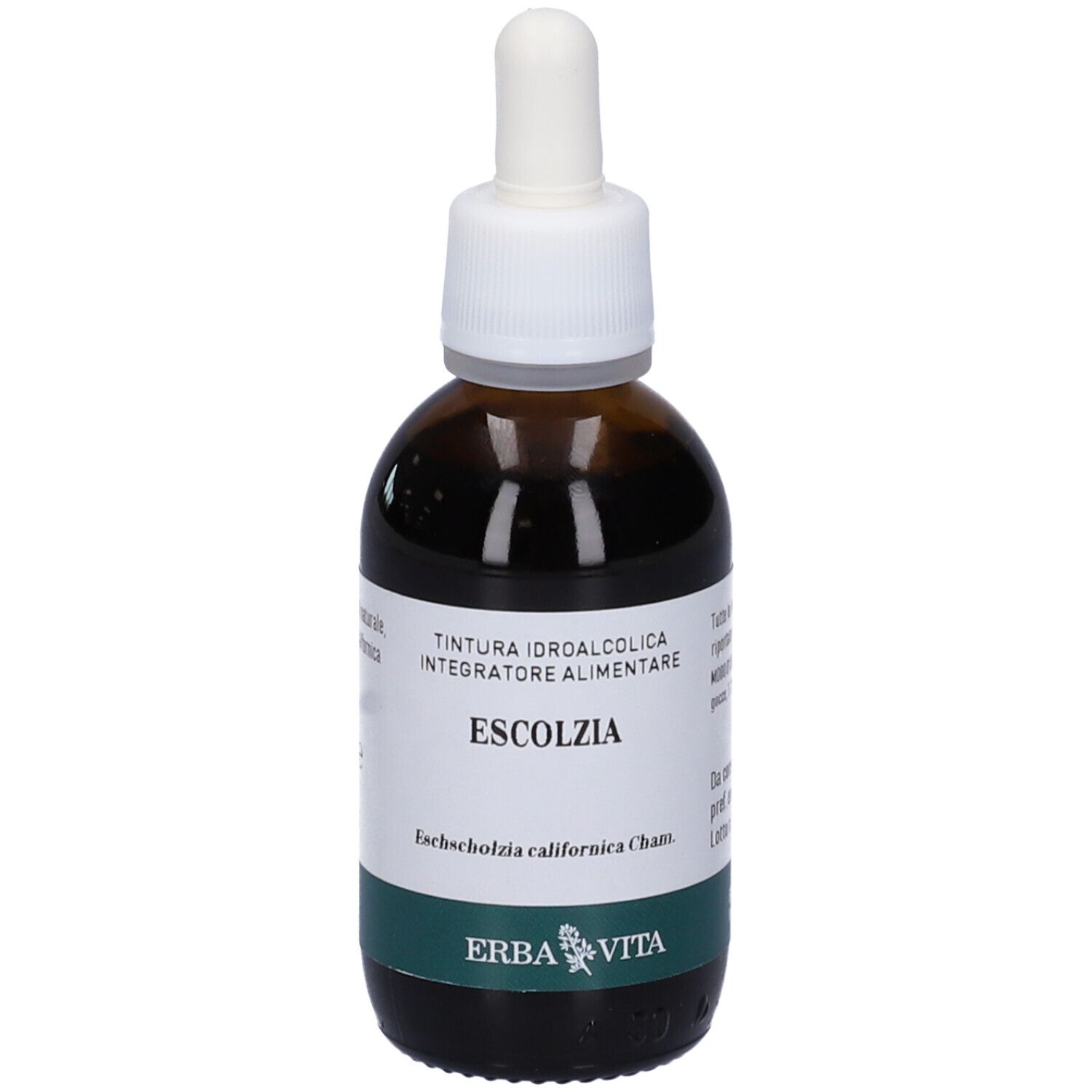 Flacone di vetro marrone con contagocce. Scritto Escolzia, logo Erba Vita. Prodotto: Tintura.