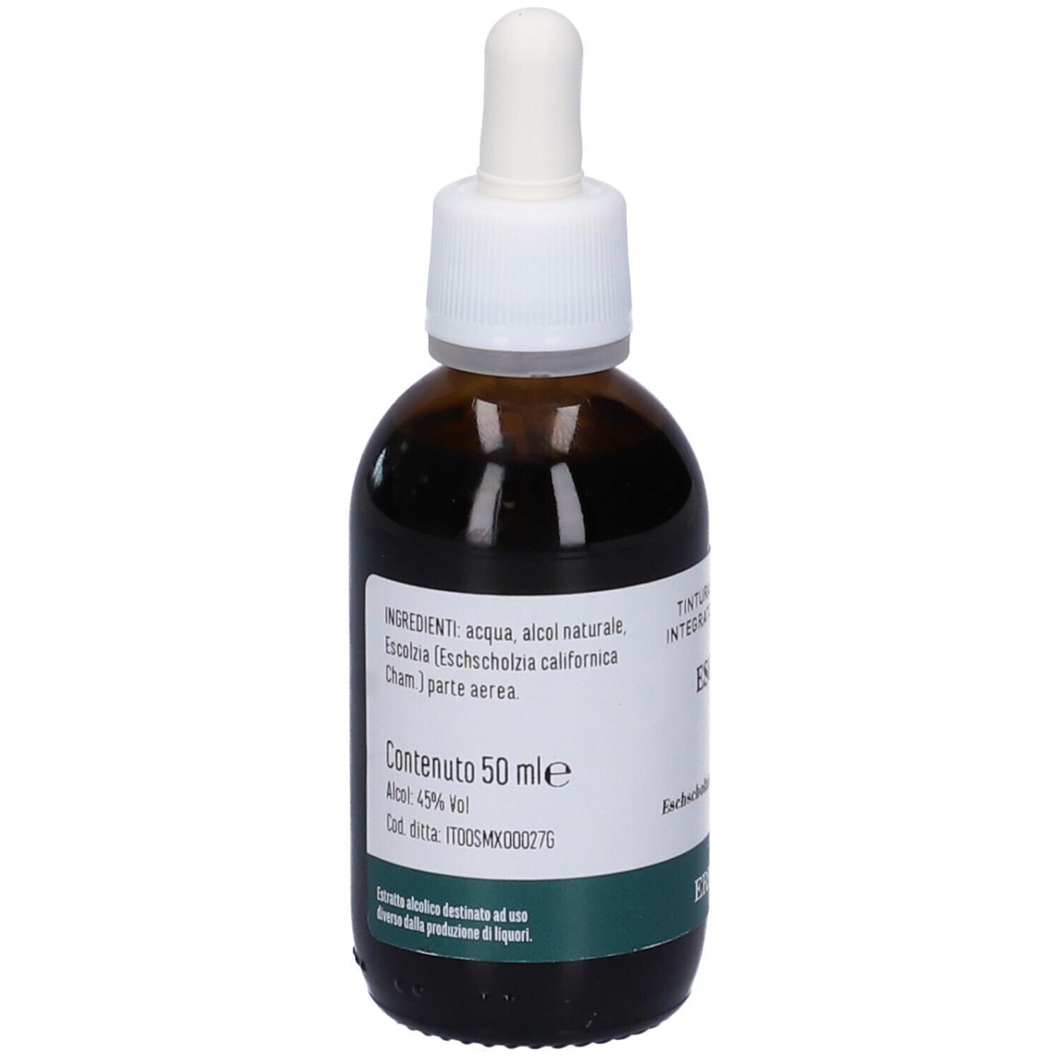 Flacone di vetro marrone con contagocce. Scritto Escolzia, logo Erba Vita. Contenuto 50 ml. Alcol 49%.