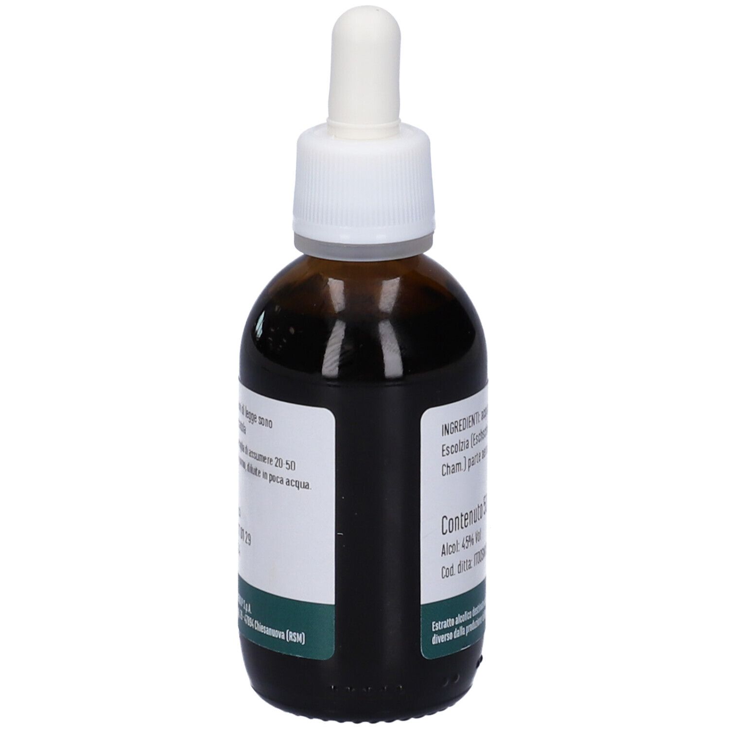 Flacone di vetro marrone con contagocce. Scritto Escolzia, logo Erba Vita. Contenuto 50 ml. Alcol 49%.