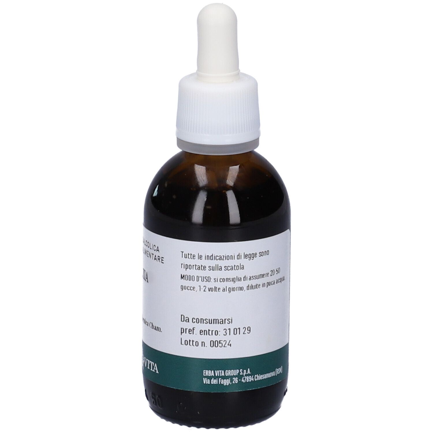 Flacone di vetro marrone con contagocce. Scritto Escolzia, logo Erba Vita. Contenuto 50 ml. Da consumarsi entro 31.01.29.