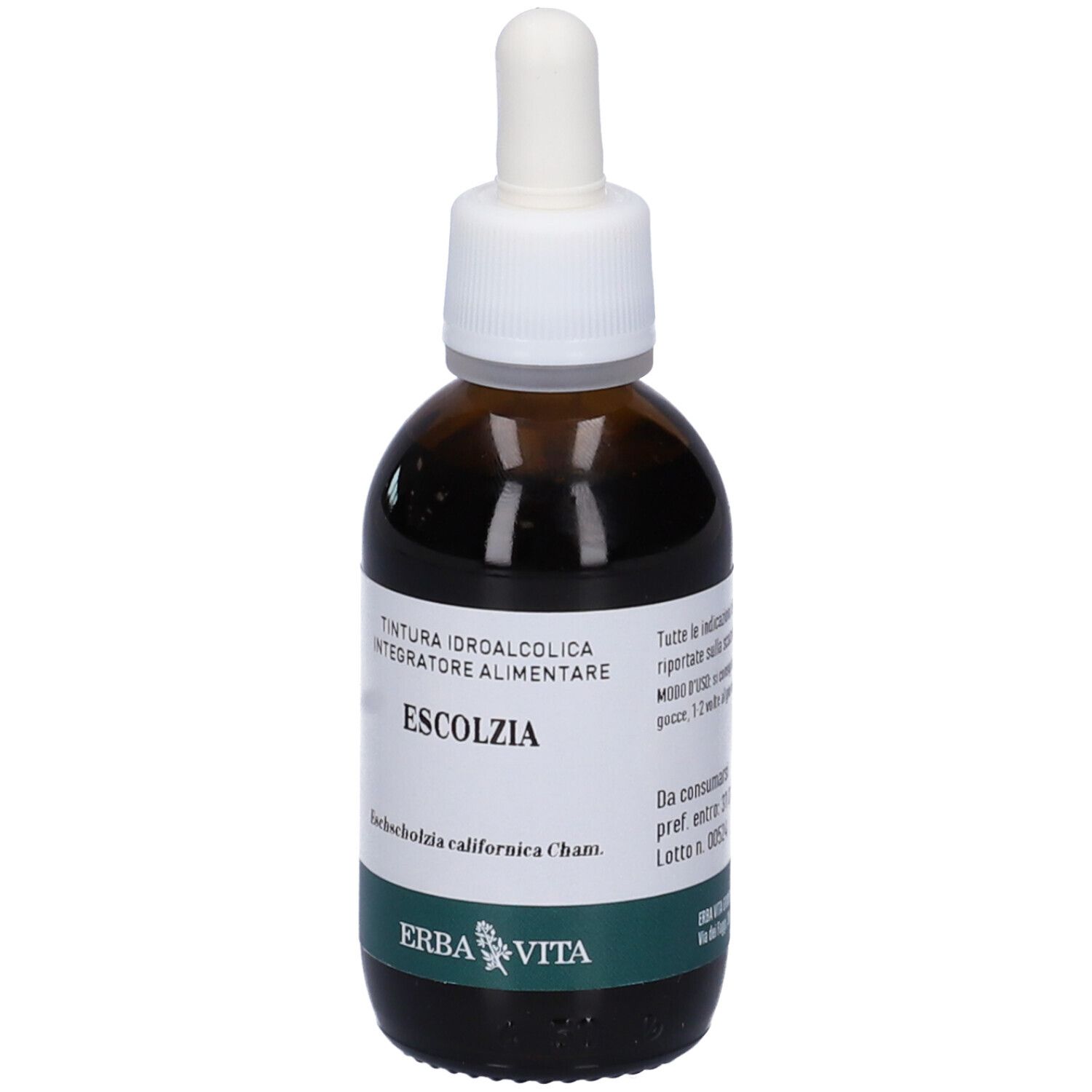 Flacone di vetro marrone con contagocce. Scritto Escolzia, logo Erba Vita. Prodotto: Tintura.
