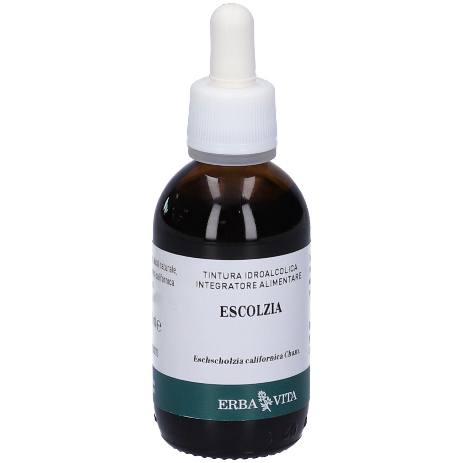 Flacone di vetro marrone con contagocce. Scritto Escolzia, logo Erba Vita. Prodotto: Tintura.