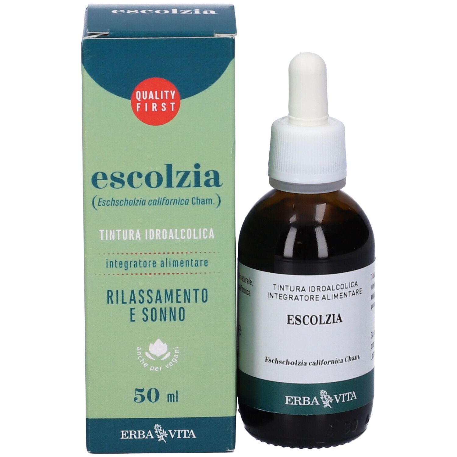 Confezione prodotto con flacone e contagocce. Scritto Escolzia, logo Erba Vita. 50 ml.