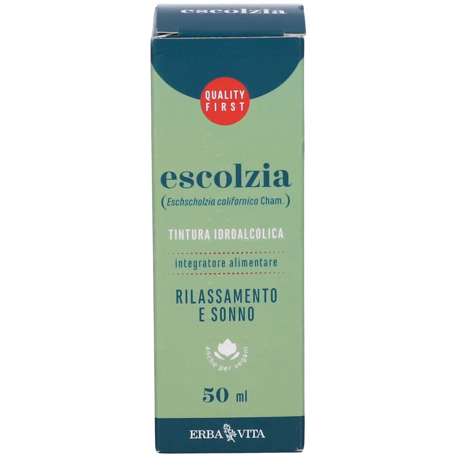 Confezione prodotto. Scritto Escolzia, logo Erba Vita. 50 ml.