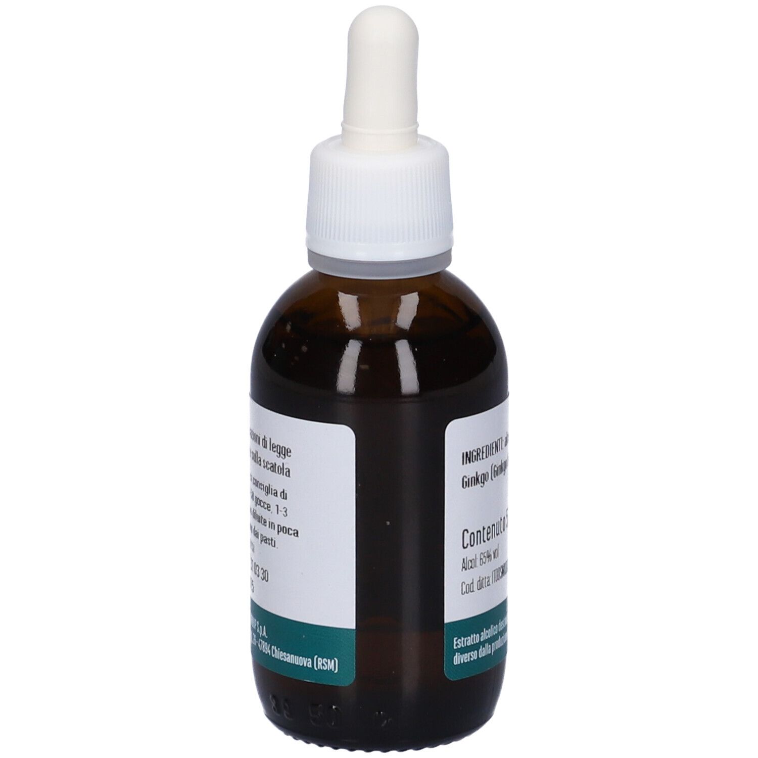 Flacone di vetro marrone con tappo bianco e contagocce. Etichetta con testo e logo Erba Vita.