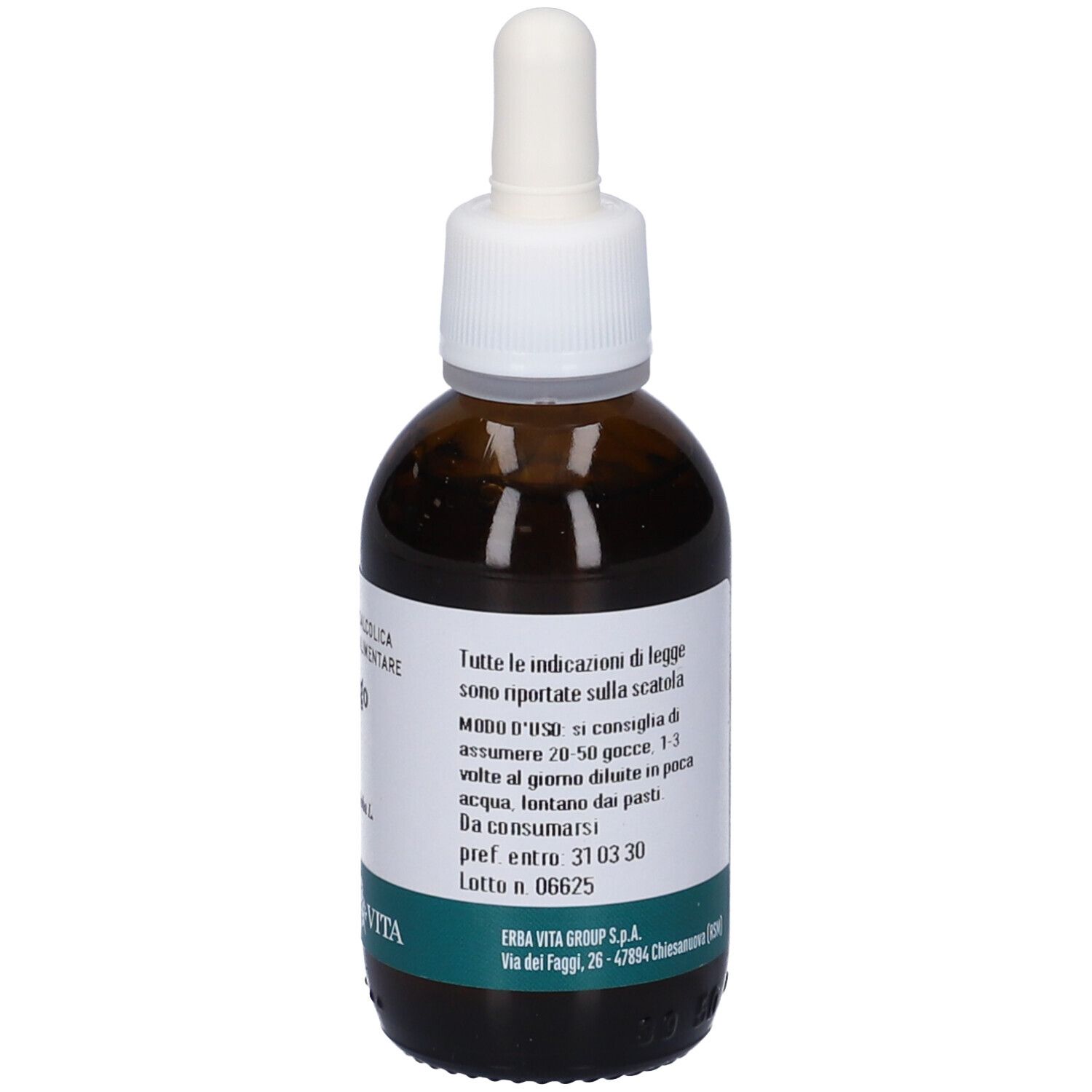 Flacone di vetro marrone con tappo bianco e contagocce. Etichetta con testo e logo Erba Vita.