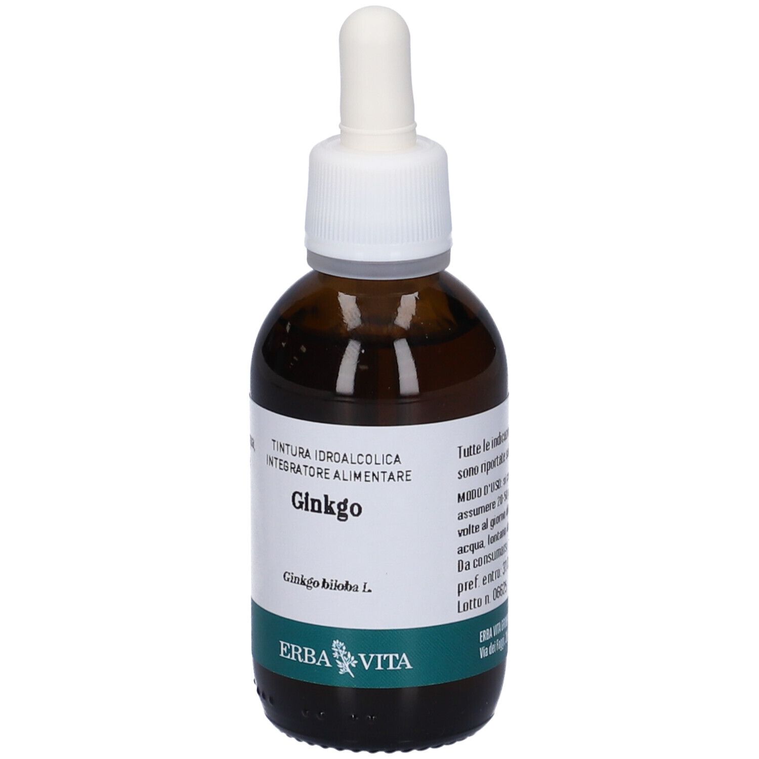 Flacone di vetro marrone con tappo bianco e contagocce. Etichetta con testo: Ginkgo, logo Erba Vita.