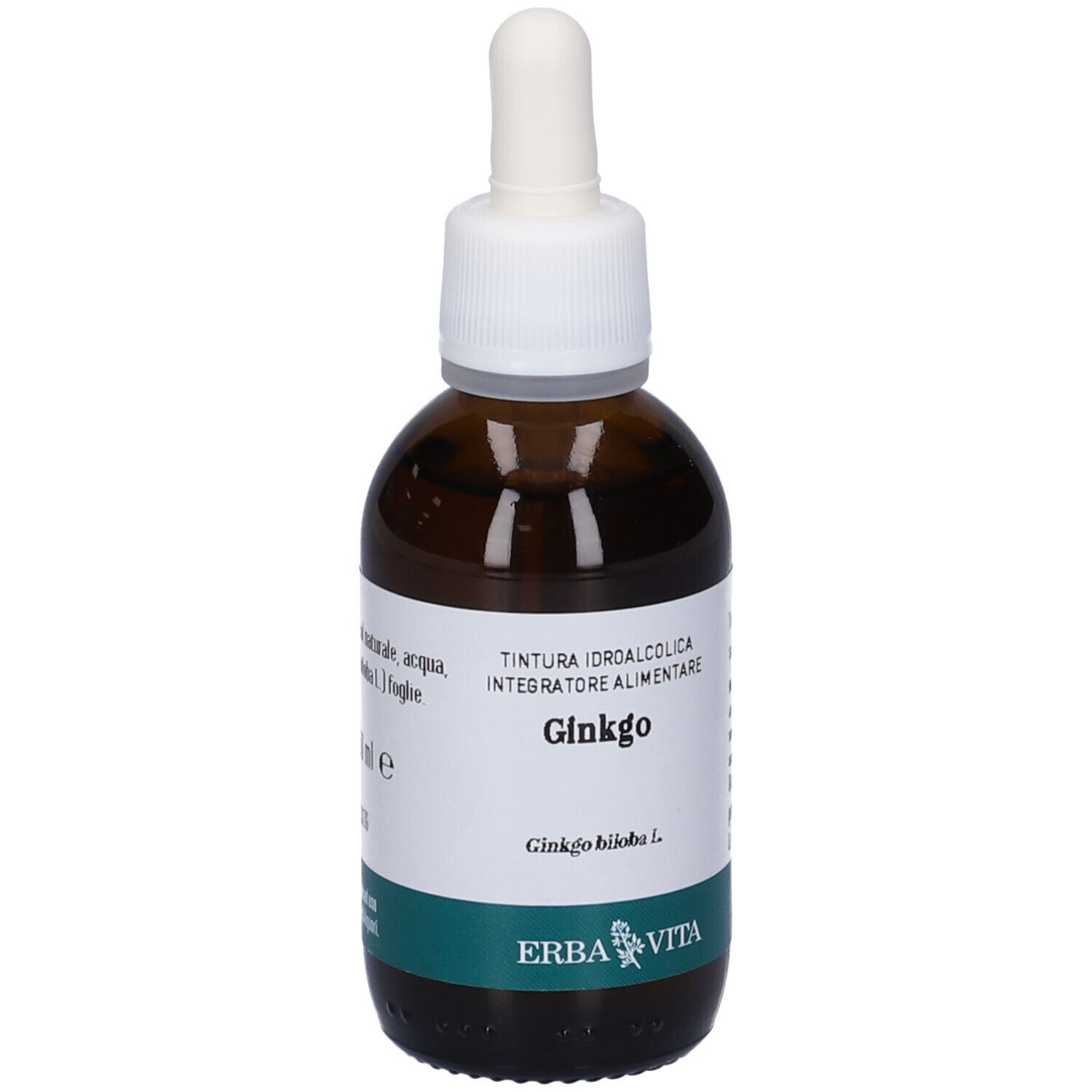 Flacone di vetro marrone con tappo bianco e contagocce. Etichetta con testo: Ginkgo, logo Erba Vita.