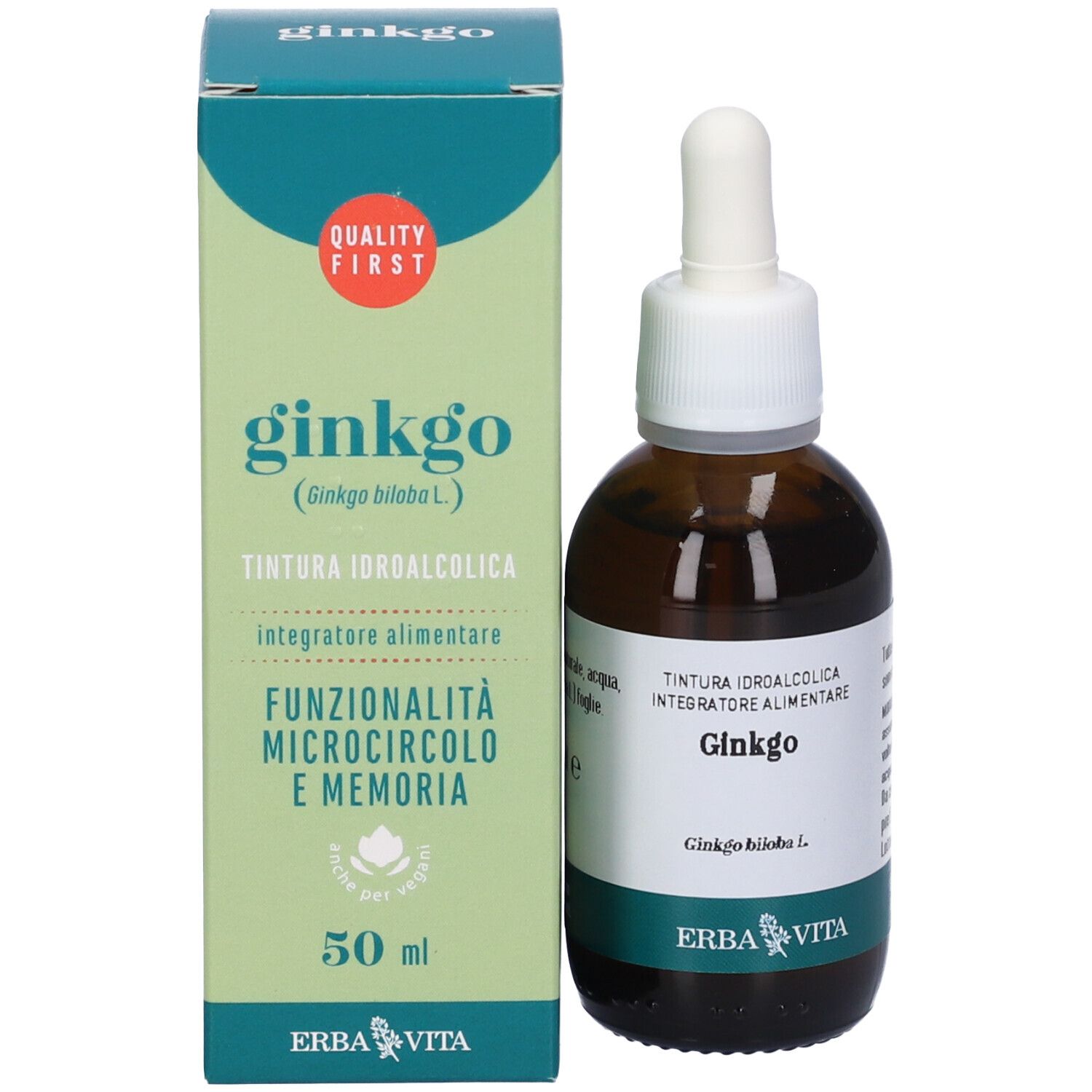 Flacone di gocce di Ginkgo e scatola. Scatola con testo: Ginkgo, 50 ml, Erba Vita. Flacone con contagocce.