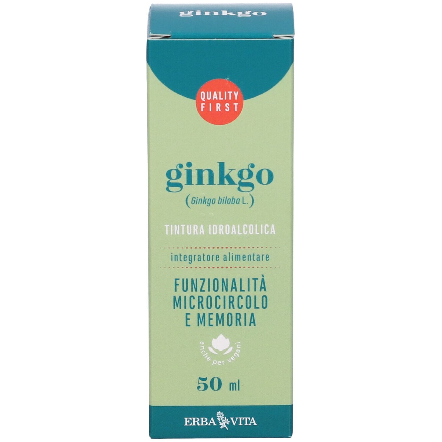 Scatola verde con testo: Ginkgo, 50 ml, Erba Vita. Con marchio di qualità.