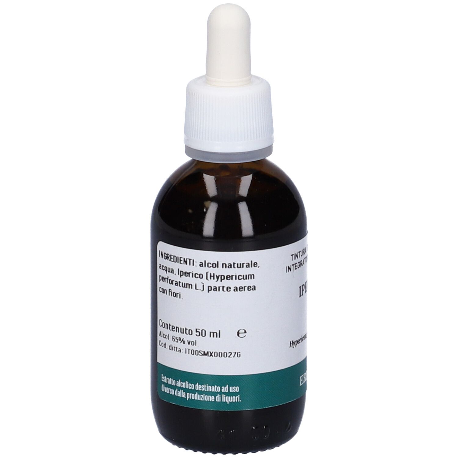 Flacone in vetro marrone con tappo bianco e contagocce. Scritta: Iperico. Contiene 50 ml. Marchio: Erba Vita. Lista ingredienti.