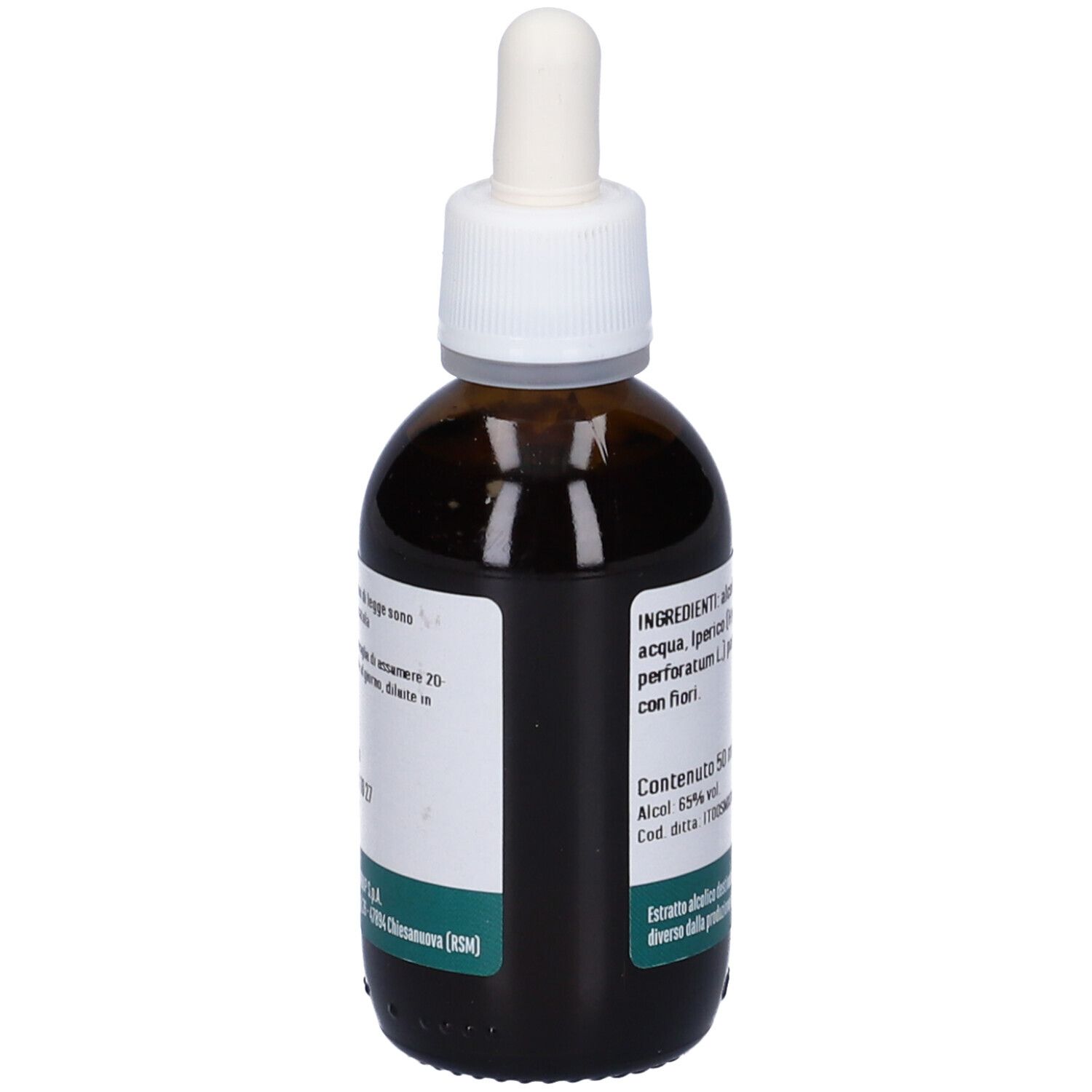Flacone in vetro marrone con tappo bianco e contagocce. Scritta: Iperico. Contiene 50 ml. Marchio: Erba Vita. Lista ingredienti.