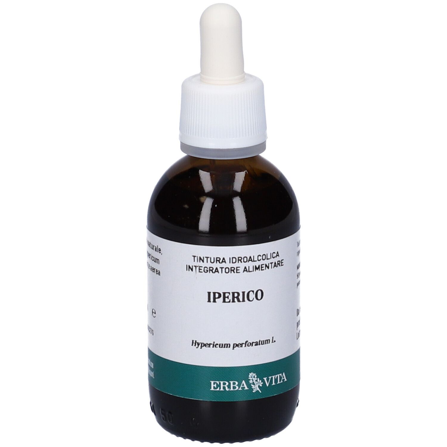 Flacone in vetro marrone con tappo bianco e contagocce. Scritta: Iperico. Marchio: Erba Vita. Etichetta con testo.