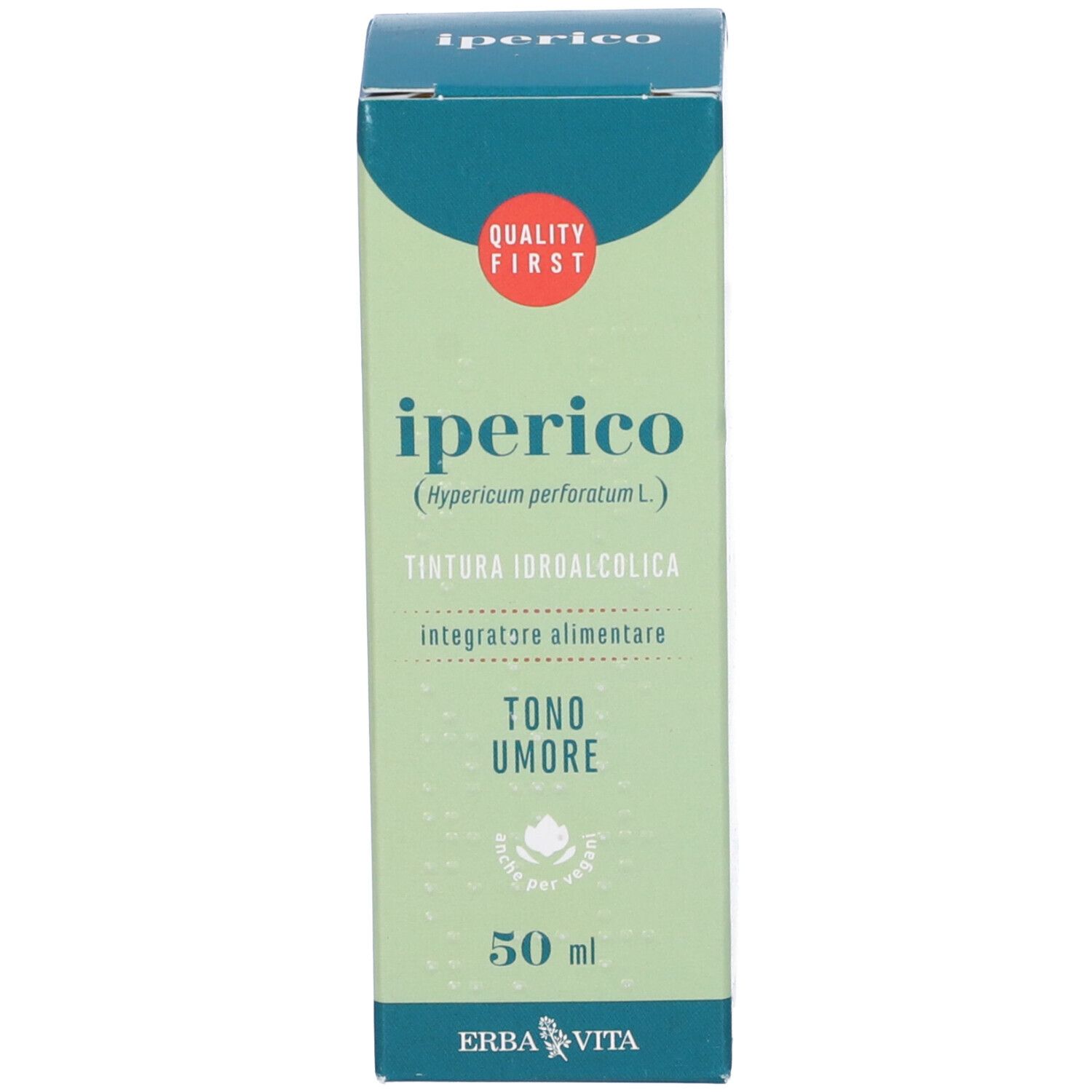 Confezione in cartone. Scritta: Iperico, Hypericum perforatum L. Marchio: Erba Vita. Testo: Tono Umore. 50 ml.