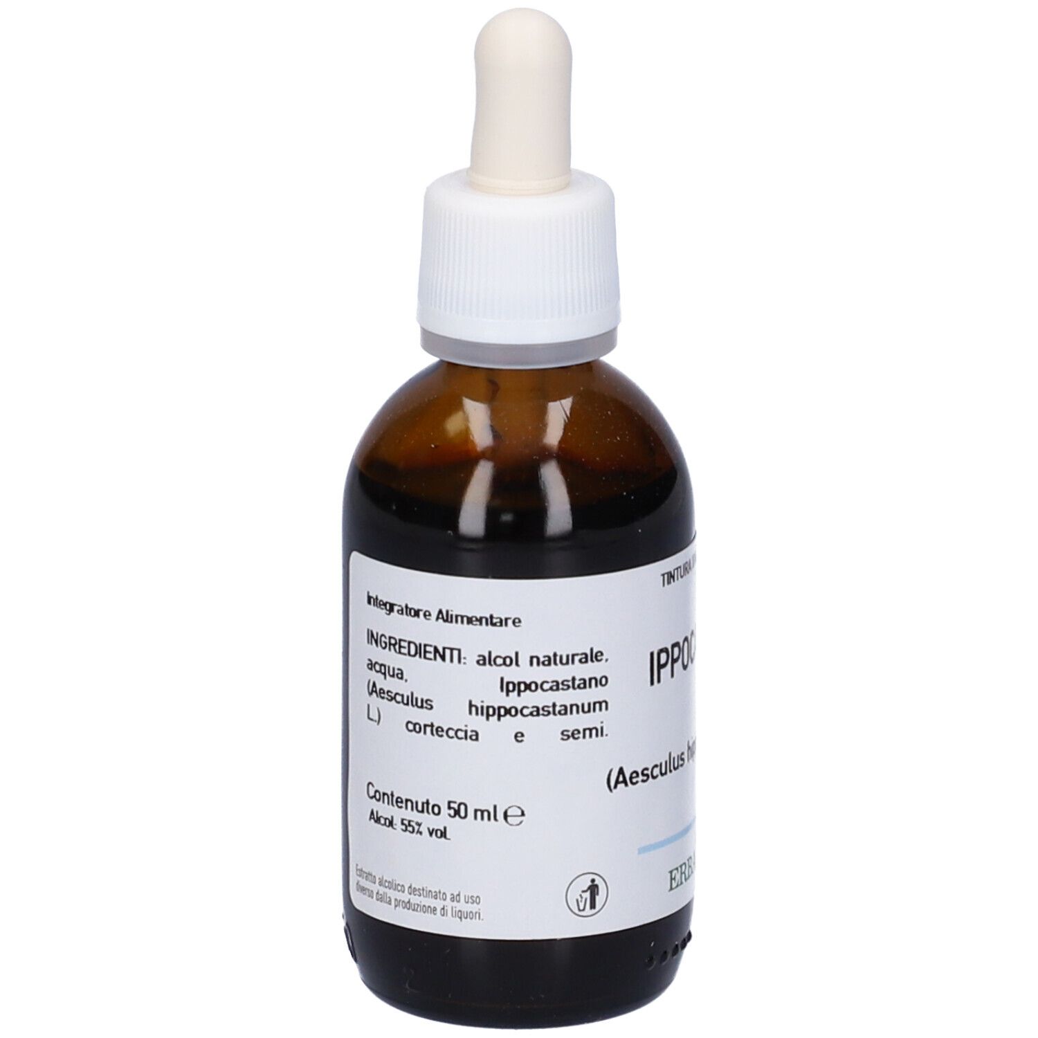 Flacone di vetro marrone con contagocce. Etichetta con ingredienti e logo. Testo: Ippocastano, Erba Vita.