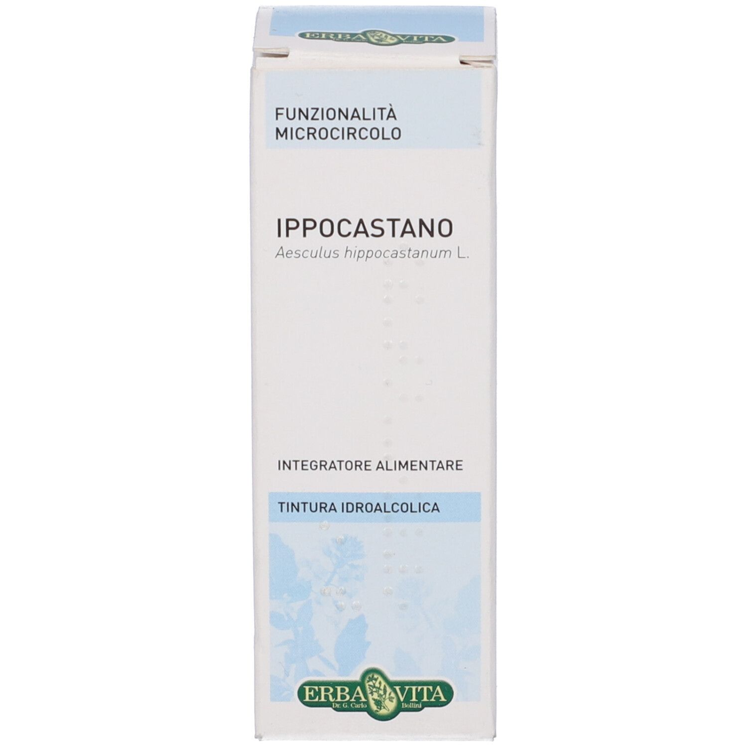 Scatola bianca con nome e logo del prodotto. Testo: Funzionalità Microcircolo, Ippocastano, Erba Vita.