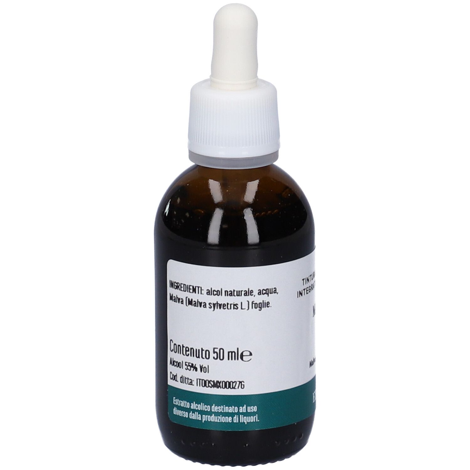 Flacone di vetro marrone con tappo bianco e contagocce. Retro con informazioni sugli ingredienti e testo.
