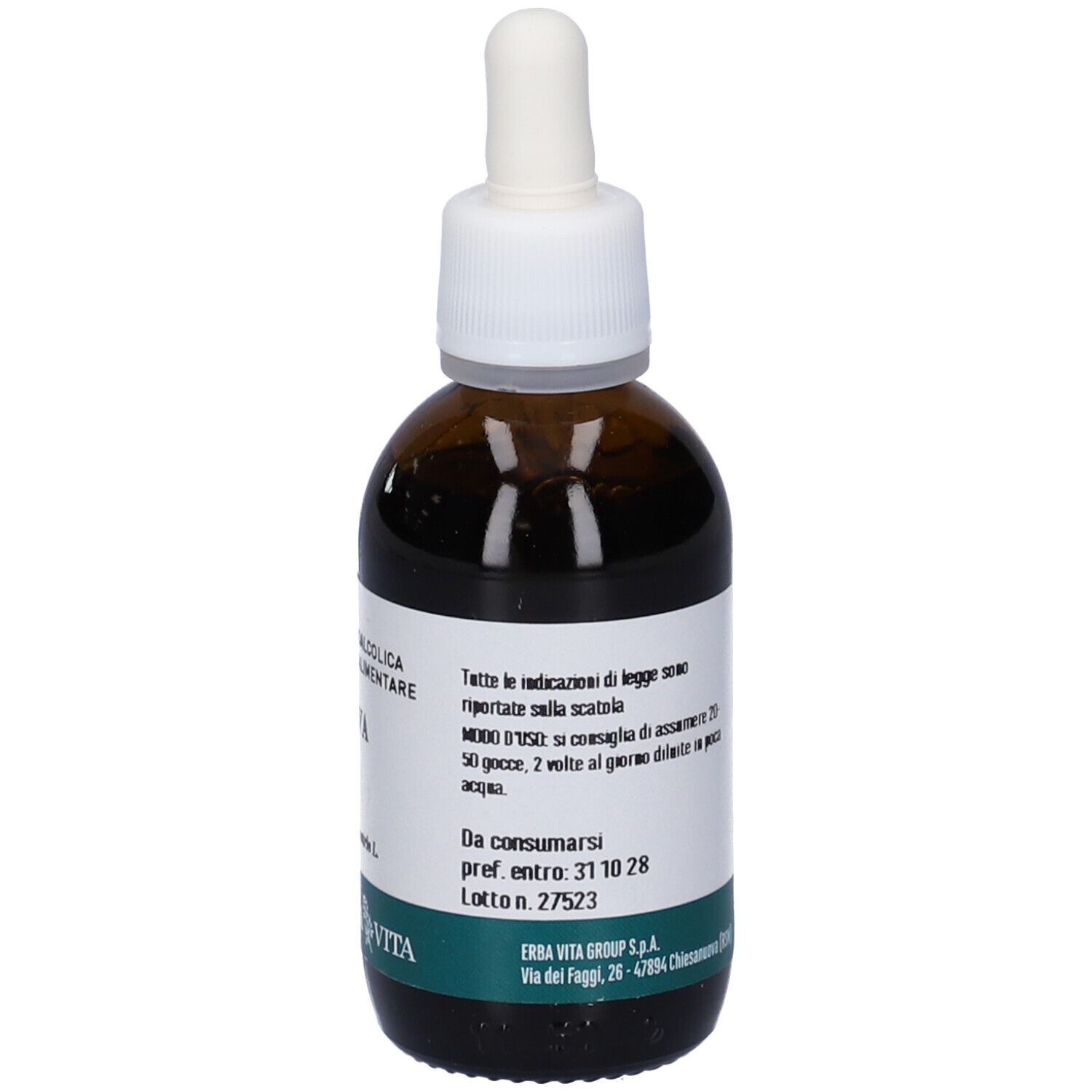 Flacone di vetro marrone con tappo bianco e contagocce. Retro con istruzioni per l'uso e testo.