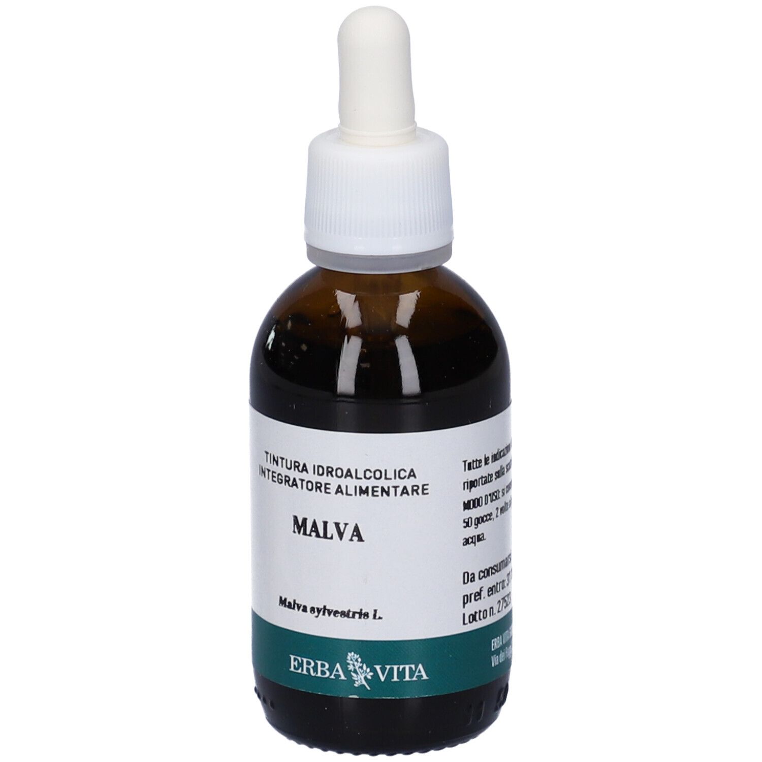 Flacone di vetro marrone con tappo bianco e contagocce. Etichetta con testo: Malva, Erba Vita.
