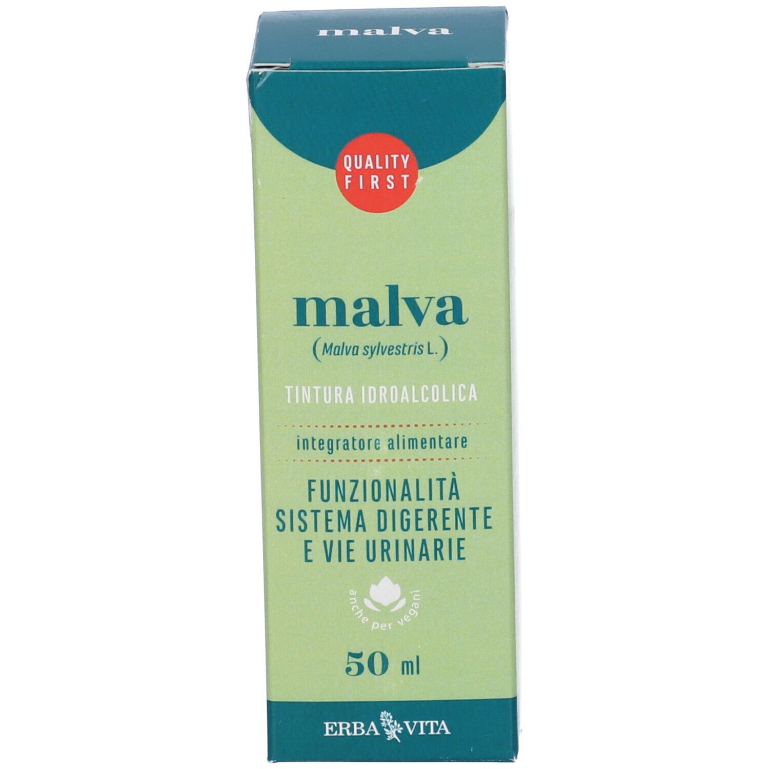 Confezione del prodotto con scatola. Scatola con testo: Malva, 50 ml, Erba Vita. Marchio di qualità.