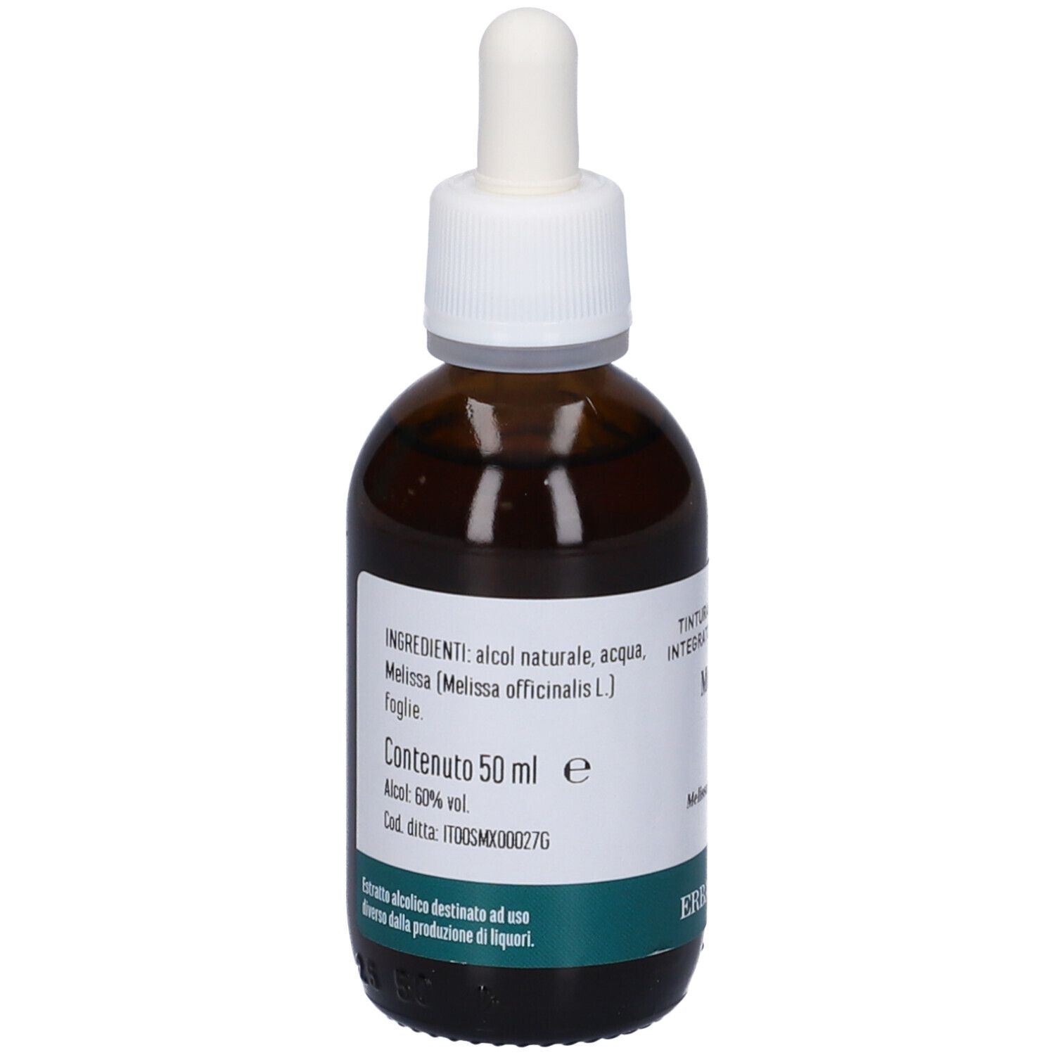 Vista posteriore del flacone di vetro marrone con tappo bianco e contagocce. Etichetta con ingredienti e volume. Marchio in basso.