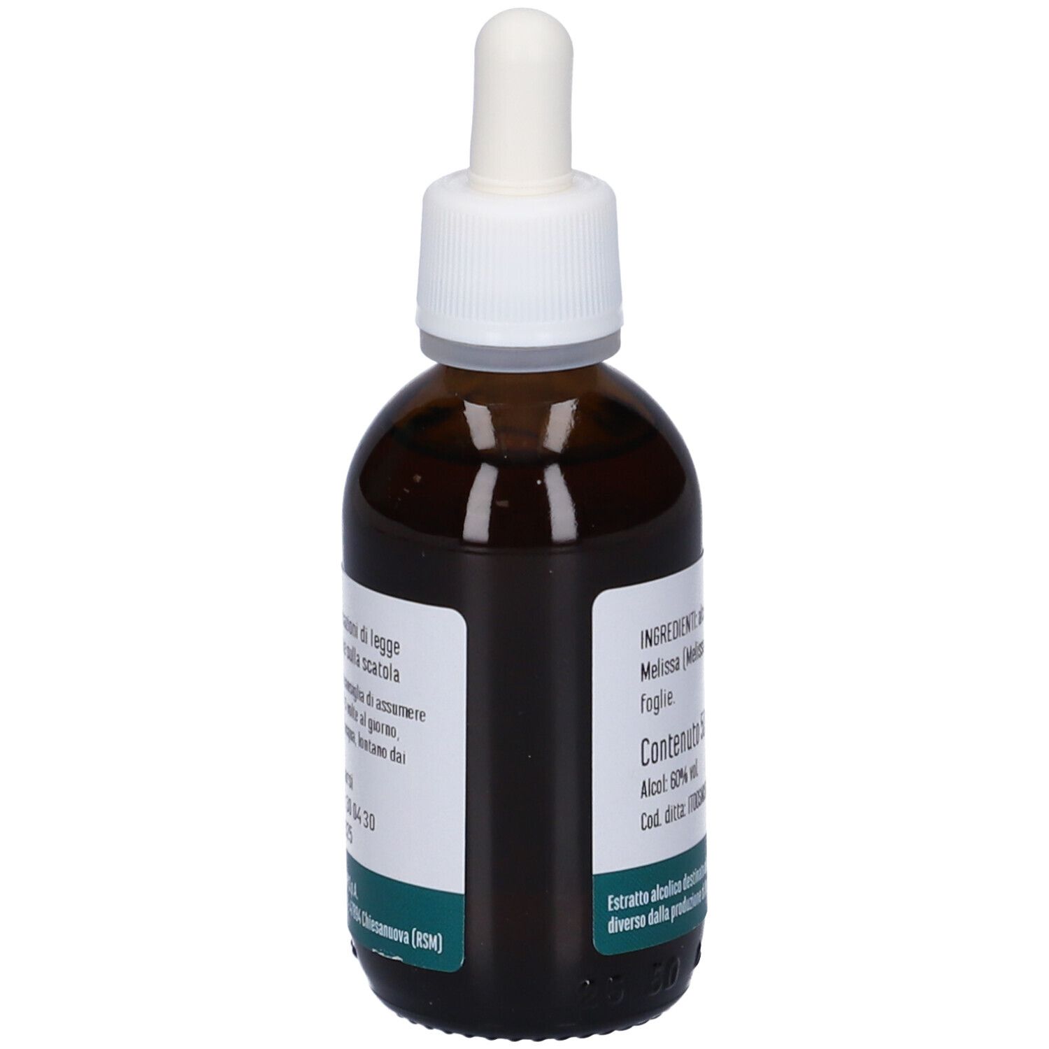 Vista laterale del flacone di vetro marrone con tappo bianco e contagocce. Etichetta con informazioni. Marchio in basso.