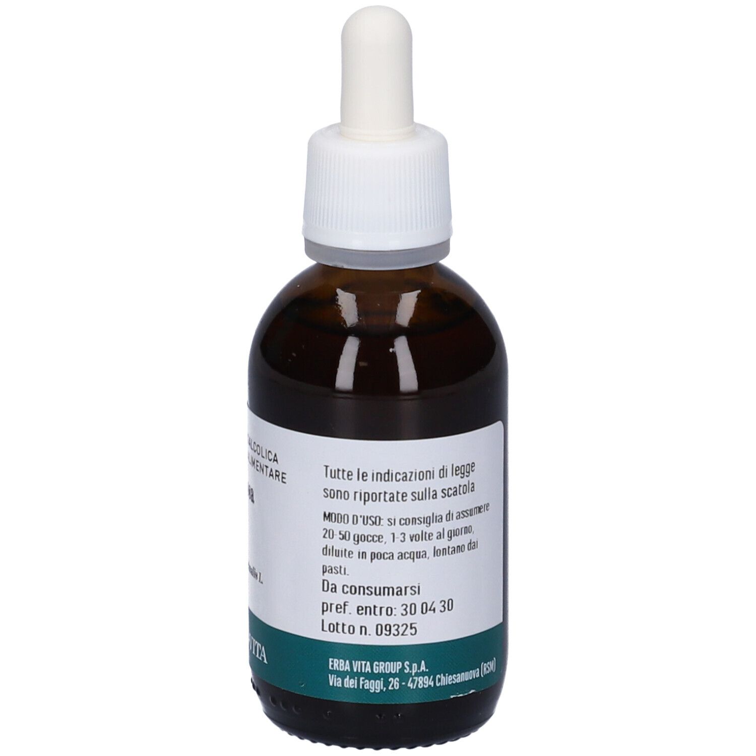 Flacone di vetro marrone con tappo bianco e contagocce. Etichetta con istruzioni per l'uso. Marchio in basso.