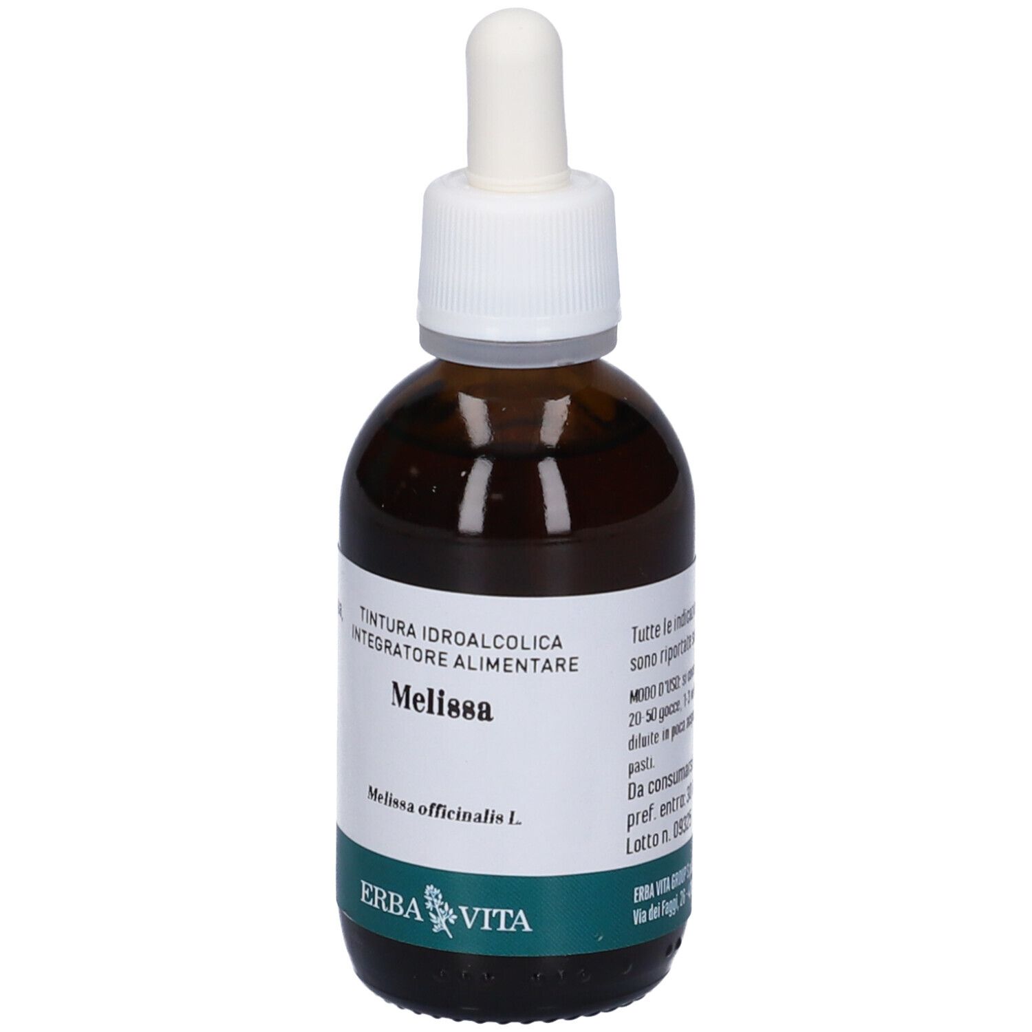 Flacone di vetro marrone con tappo bianco e contagocce. Etichetta con nome del prodotto e marchio. Etichetta verde e bianca in basso.