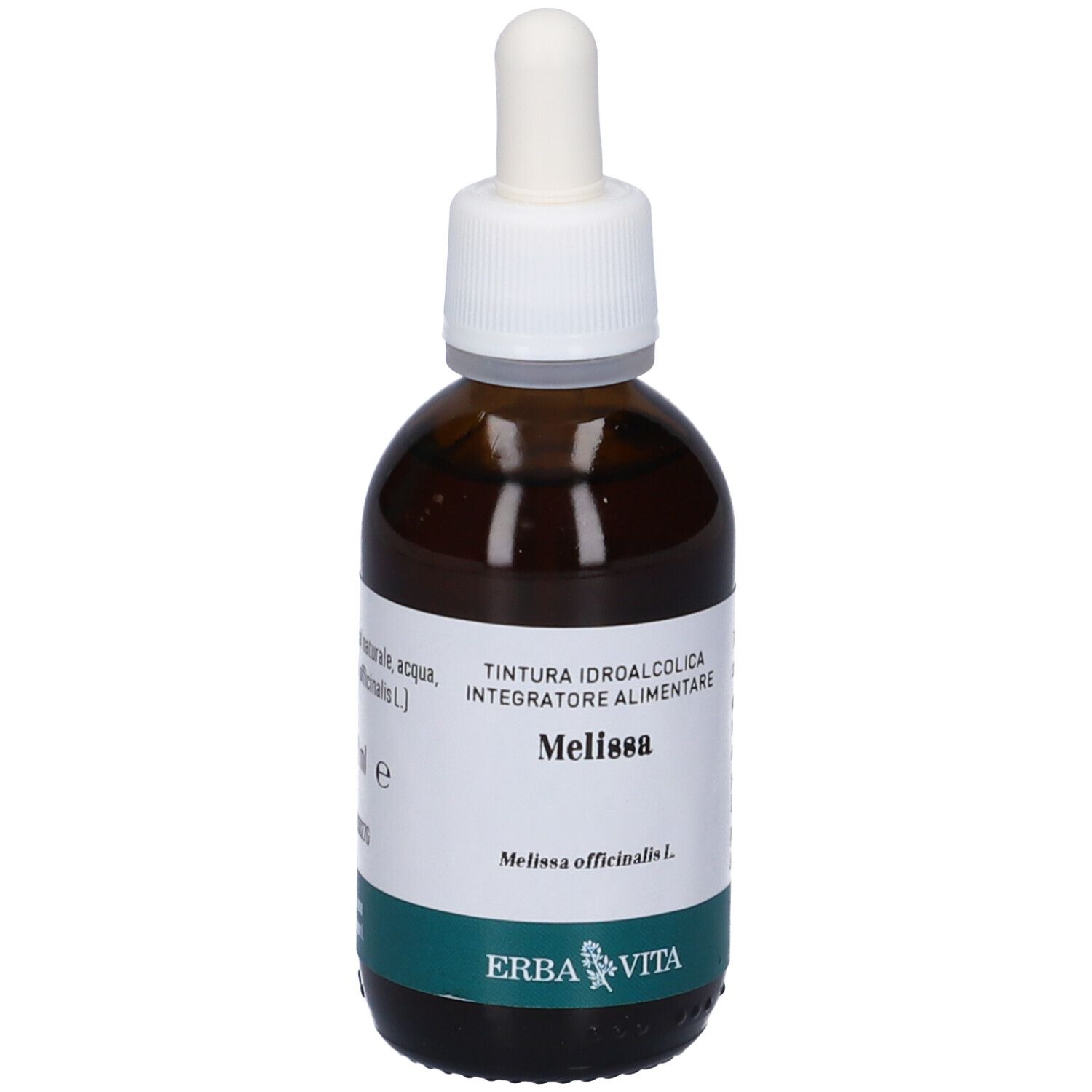 Flacone di vetro marrone con tappo bianco e contagocce. Etichetta con nome del prodotto e marchio. Etichetta verde e bianca in basso.